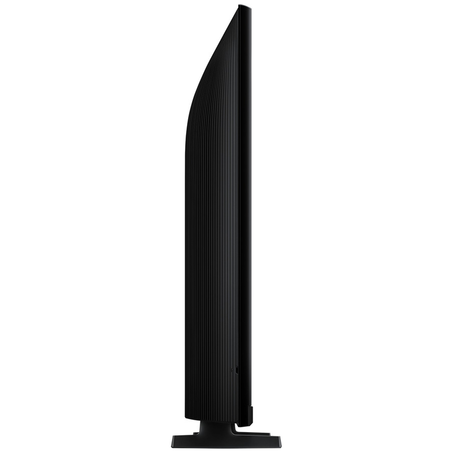 Téléviseur noir de profil, avec un dos nervuré et un pied fin.