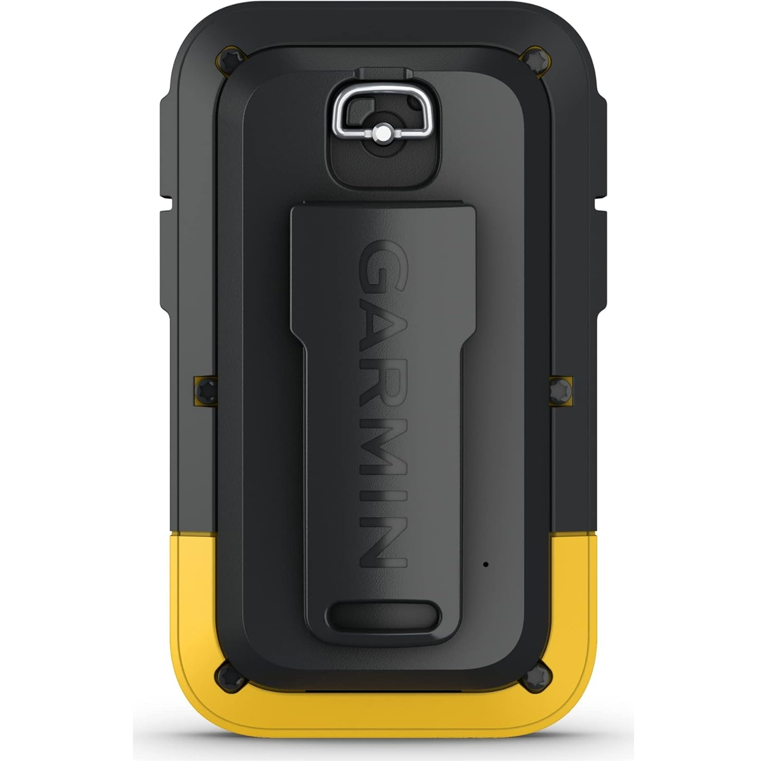 Arrière d'un appareil GPS Garmin noir et jaune avec clip.