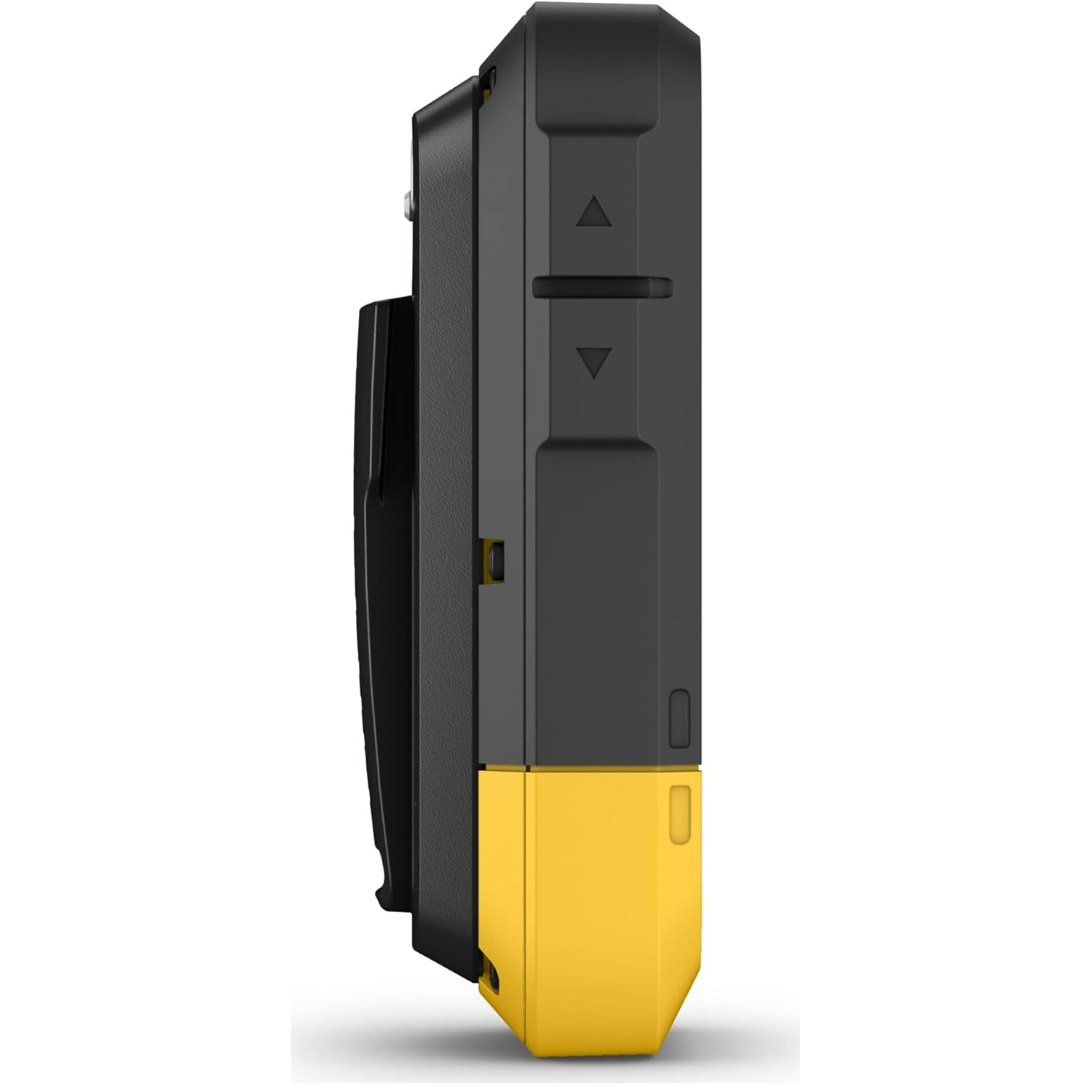 Appareil robuste noir et jaune avec clip, vue latérale.