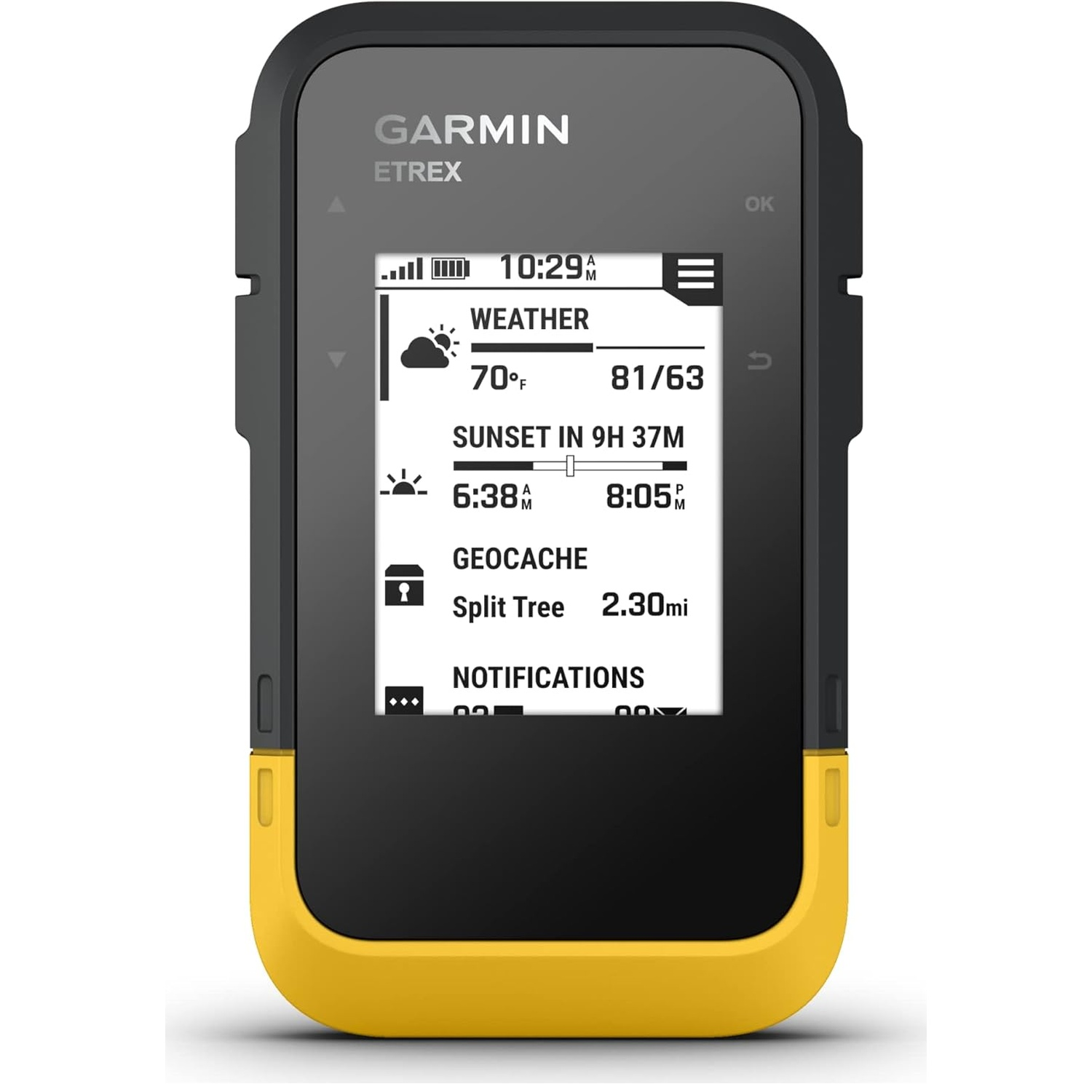 Un appareil GPS Garmin Etrex affiche la météo, le coucher du soleil, le géocaching et les notifications.