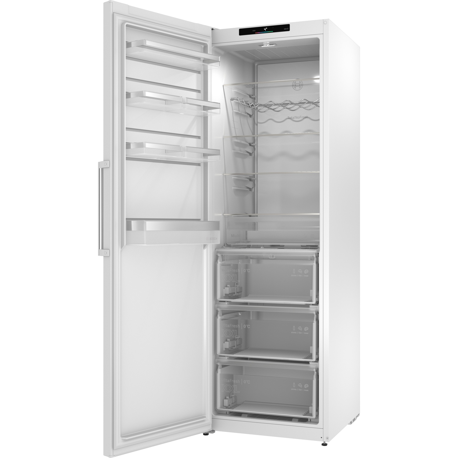 Un réfrigérateur blanc porte ouverte, montrant plusieurs étagères et trois tiroirs à l'intérieur.
