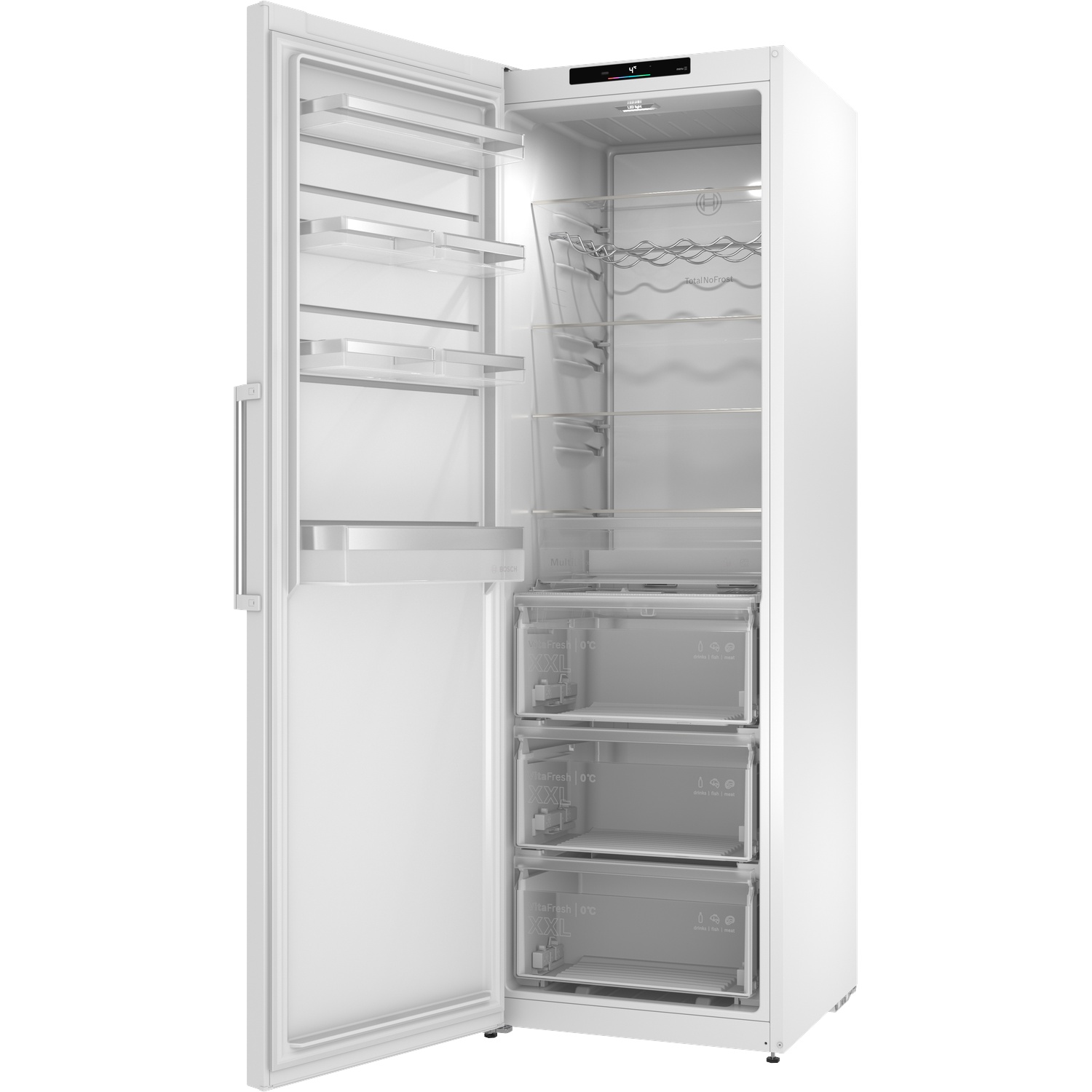 Réfrigérateur blanc ouvert avec étagères transparentes, casier à bouteilles et trois tiroirs VitaFresh XXL.