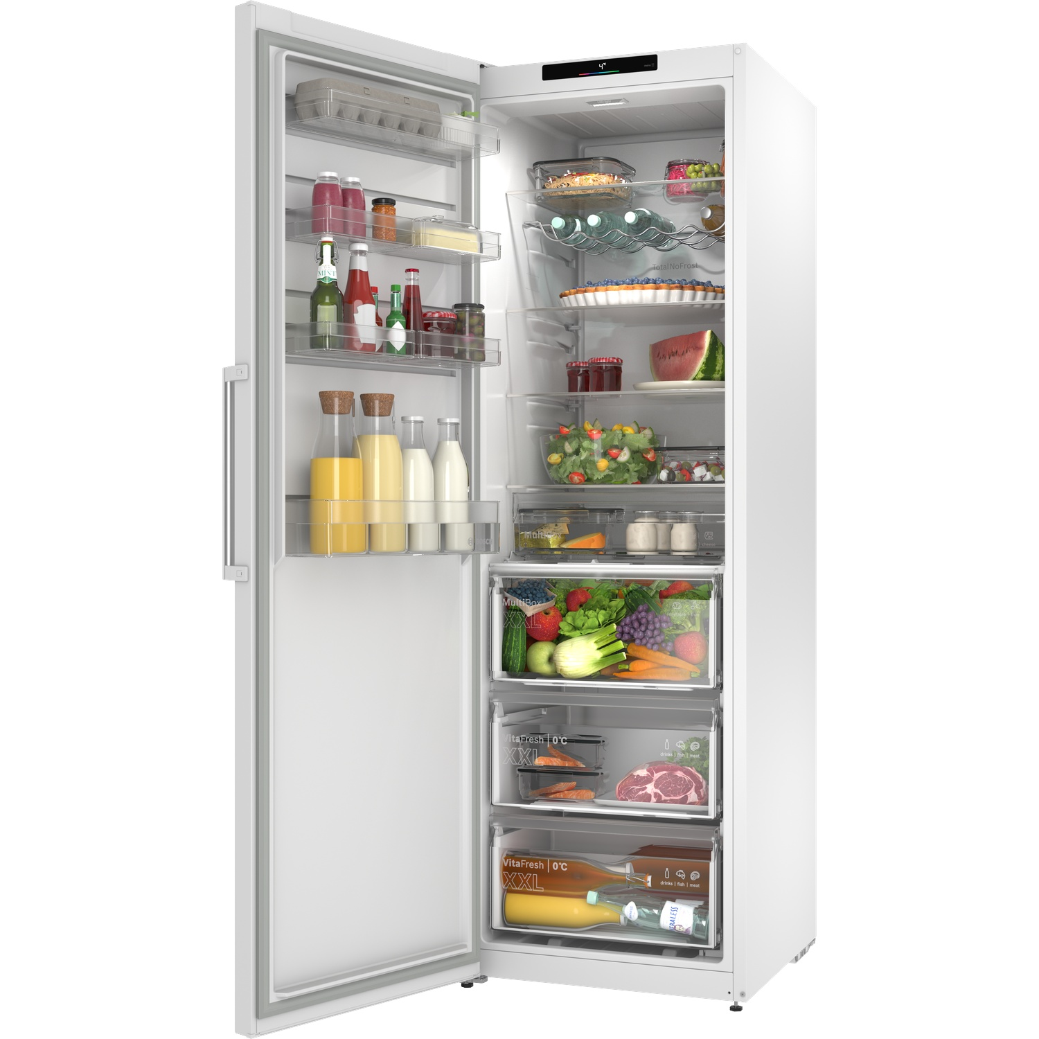 Un réfrigérateur blanc ouvert rempli d'aliments tels que fruits, légumes, viande et boissons.