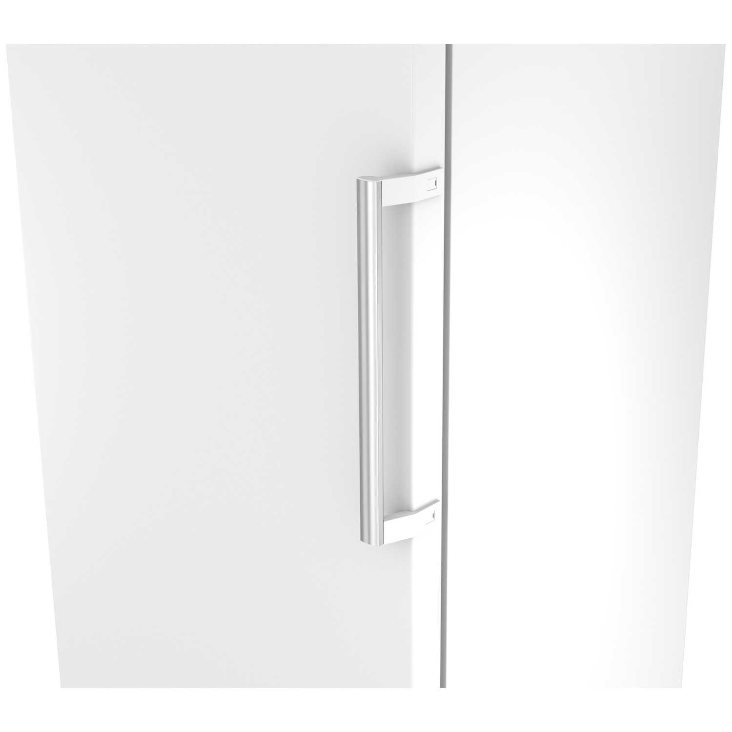 Une poignée argentée sur une porte ou une surface blanche.