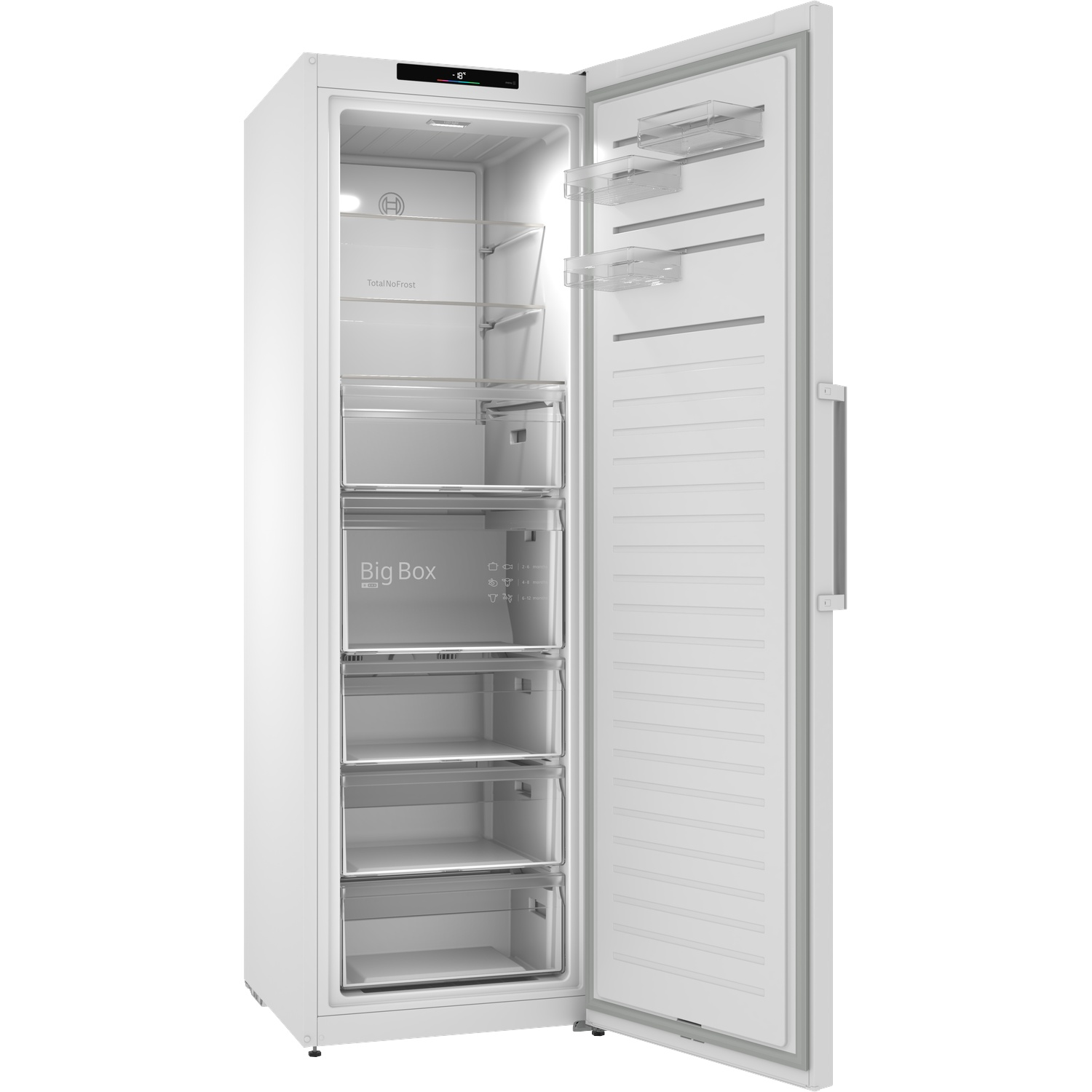 Un congélateur vertical blanc porte ouverte, l'intérieur est vide.