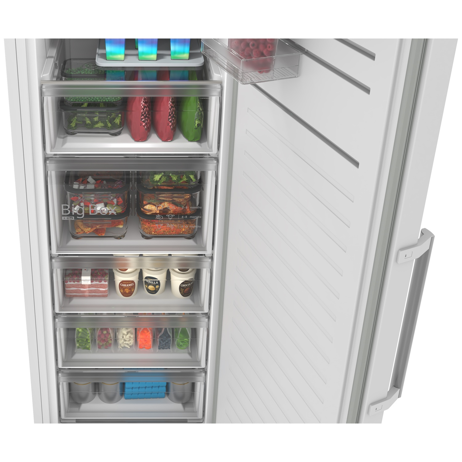Congélateur avec fruits, légumes, glaces et viande congelés dans des tiroirs.