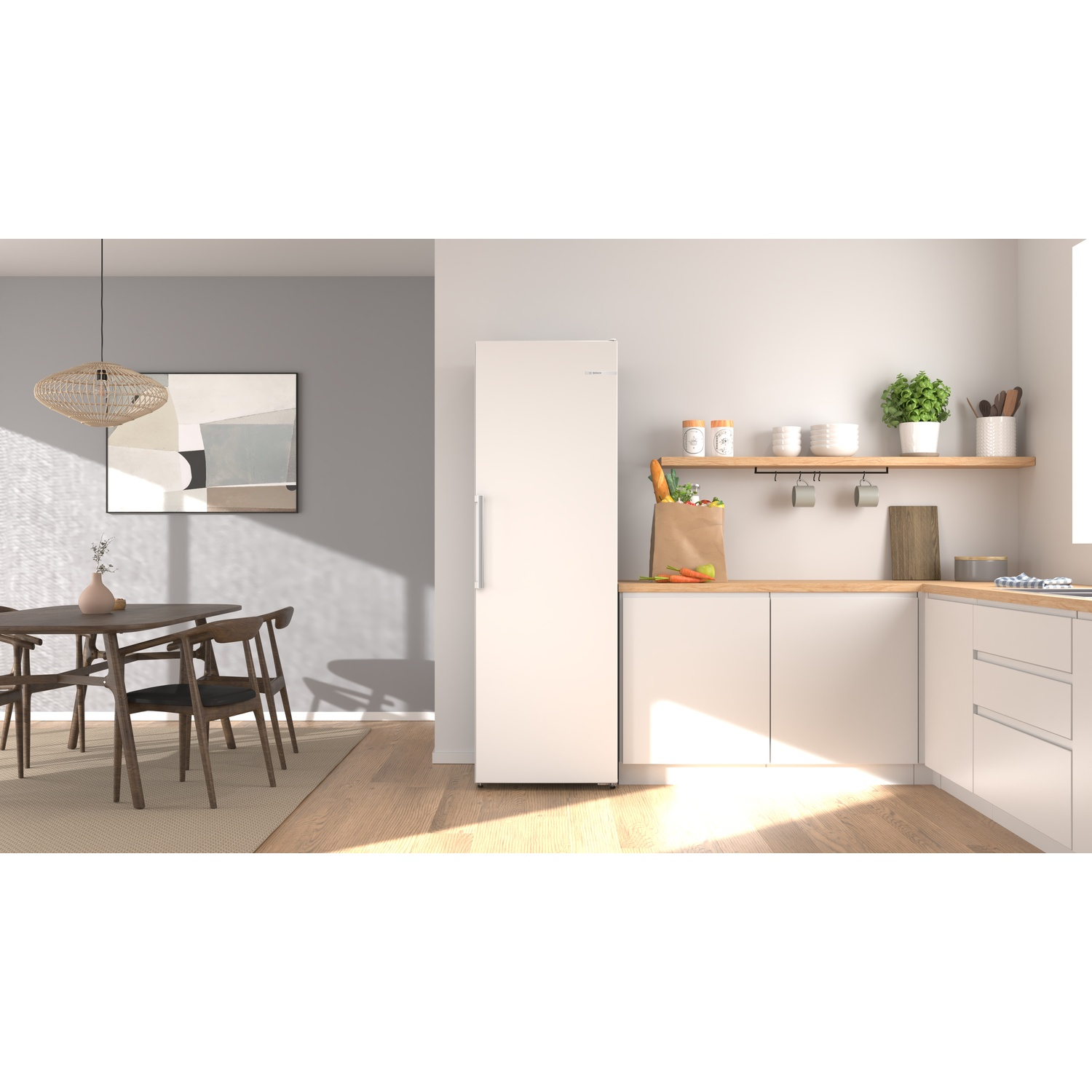 Cuisine moderne avec coin repas : réfrigérateur blanc, table en bois, chaises, art abstrait, plantes.