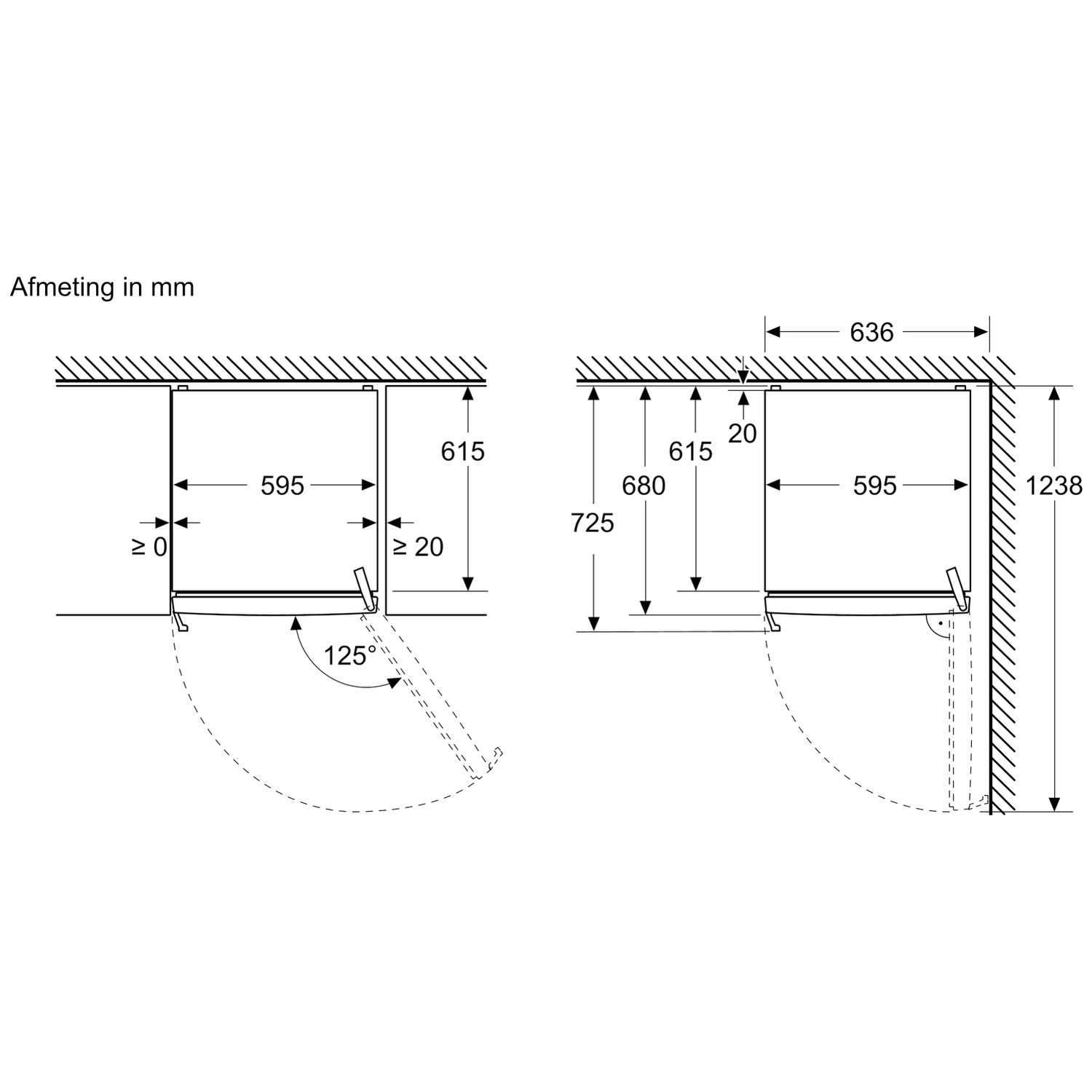 Dessin technique avec dimensions en mm pour installation et ouverture de porte.
