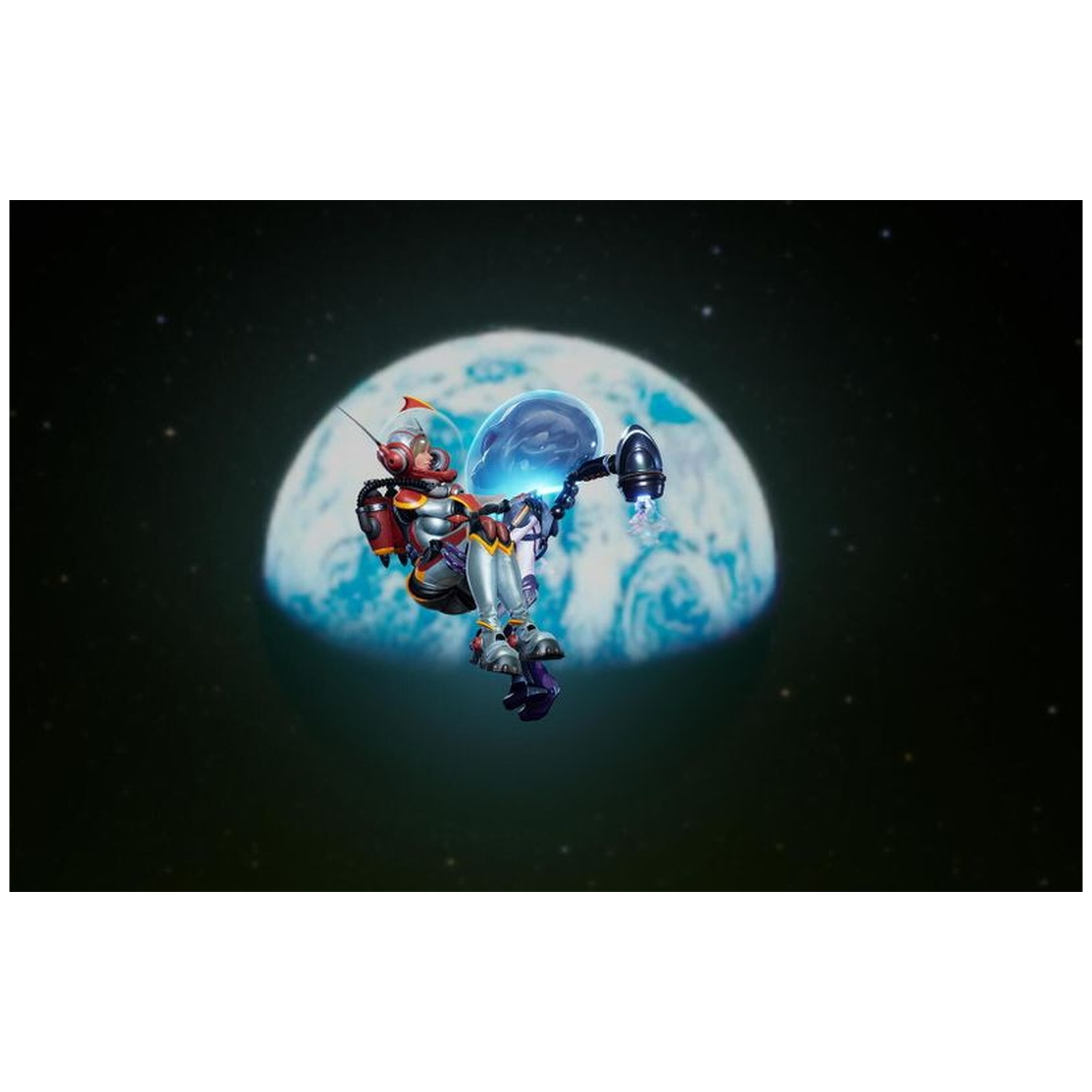 Een astronaut in een zilveren en rood pak zweeft in de ruimte voor een blauwe planeet.