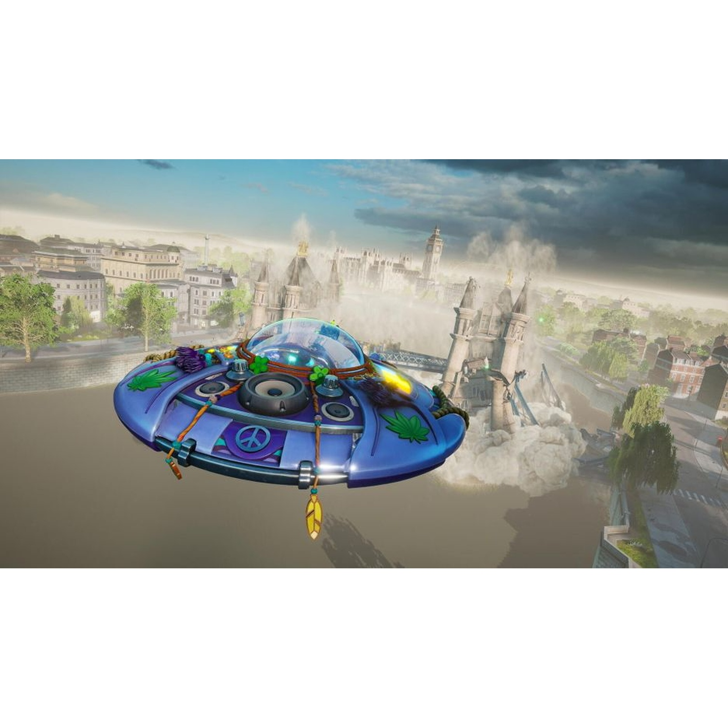 Een paarse UFO vliegt over een stad met rook en puin.