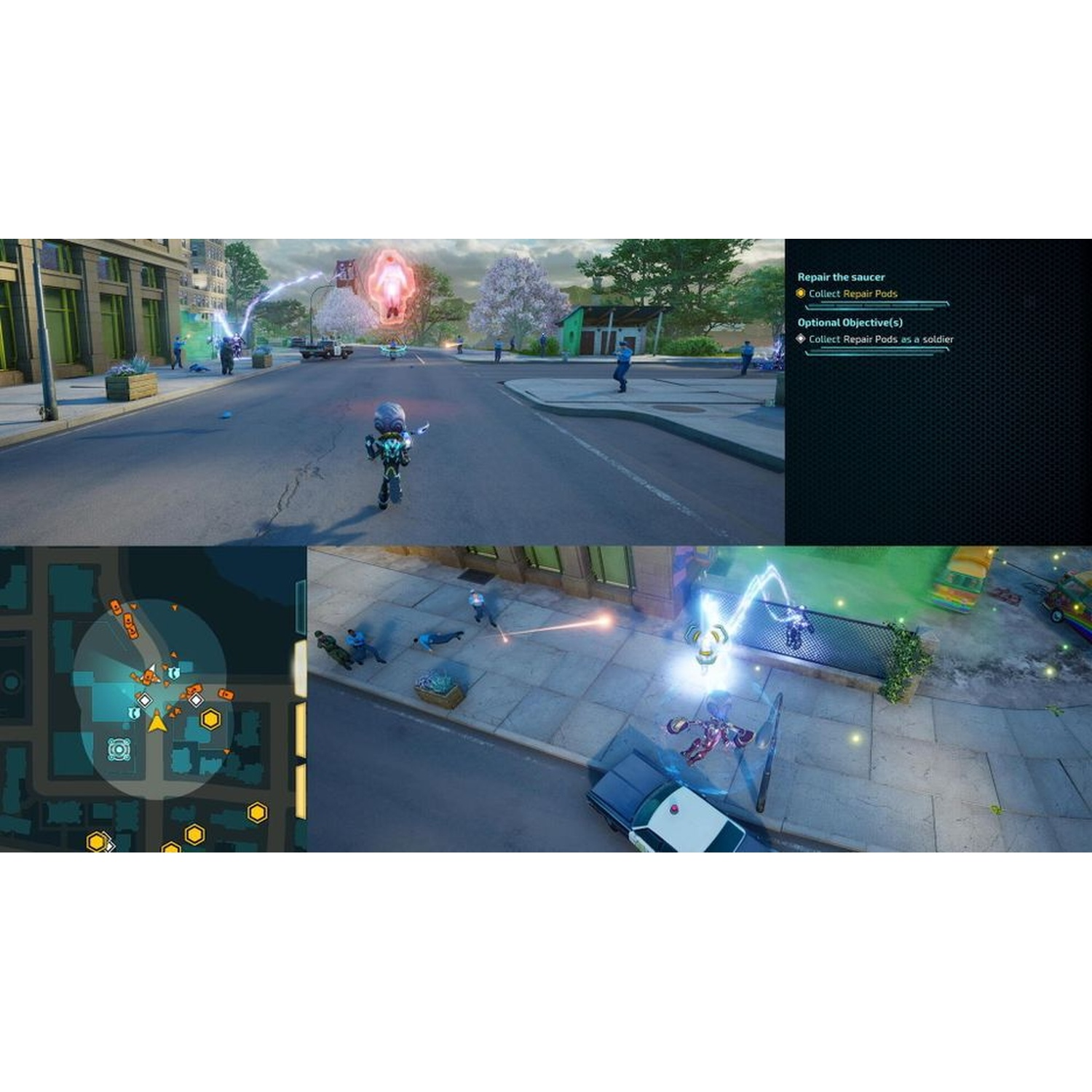 Game scene met buitenaardse wezens, robots, politie en een kaart.