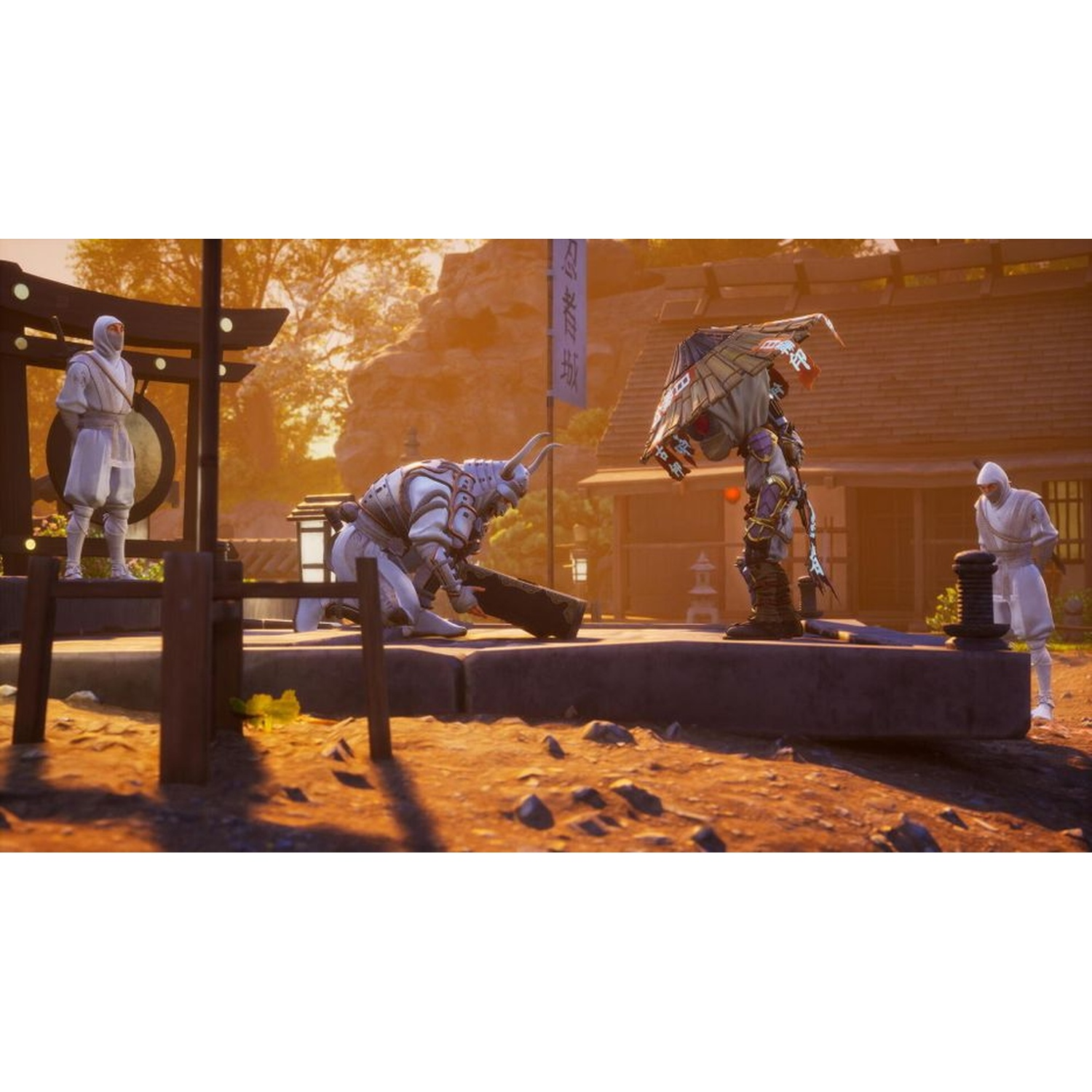 Krijgers in het wit en een robot-samurai op een binnenplaats met Japans gebouw.