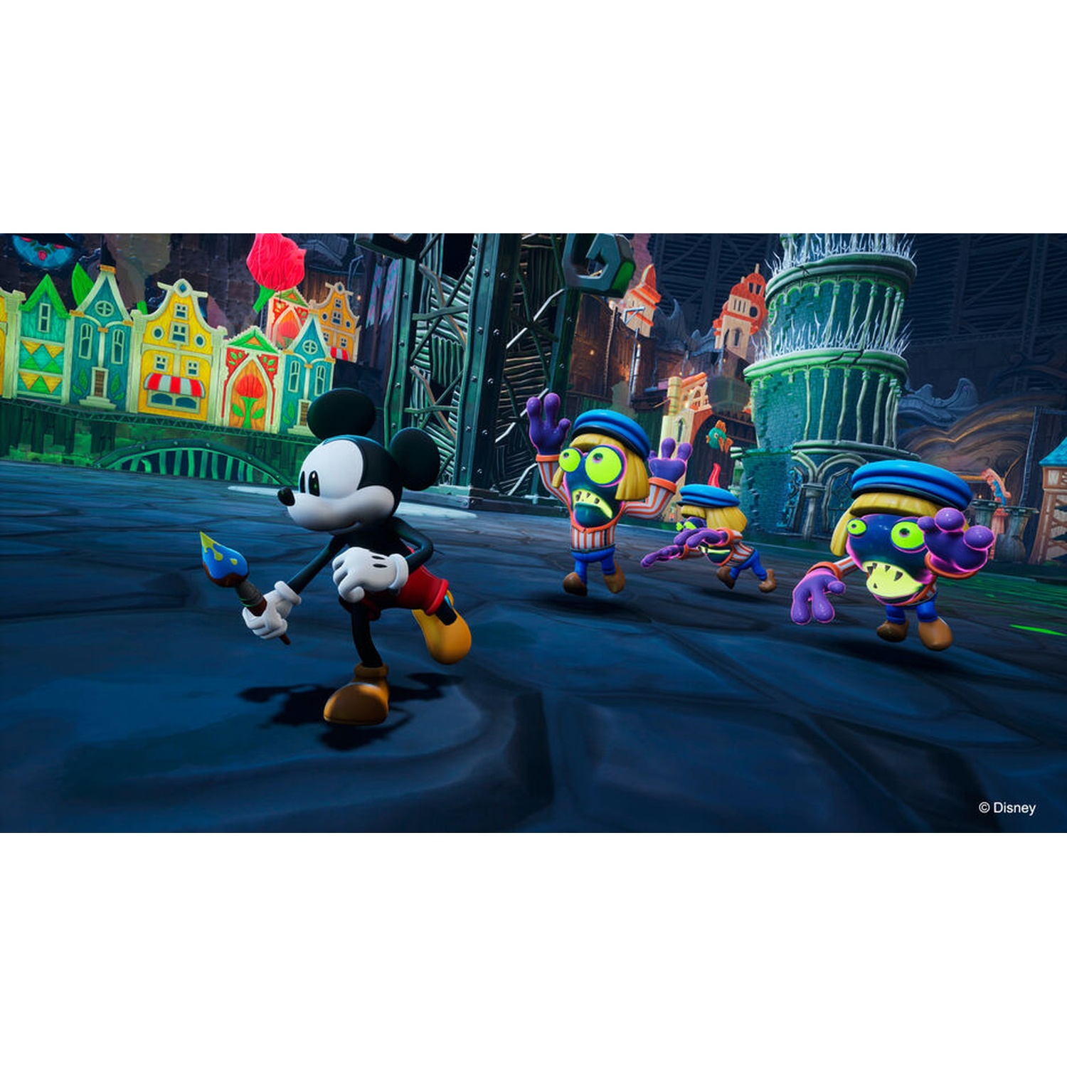 Mickey Mouse houdt een penseel vast, tegenover cartooneske monsters in een griezelig, kleurrijk stadje.