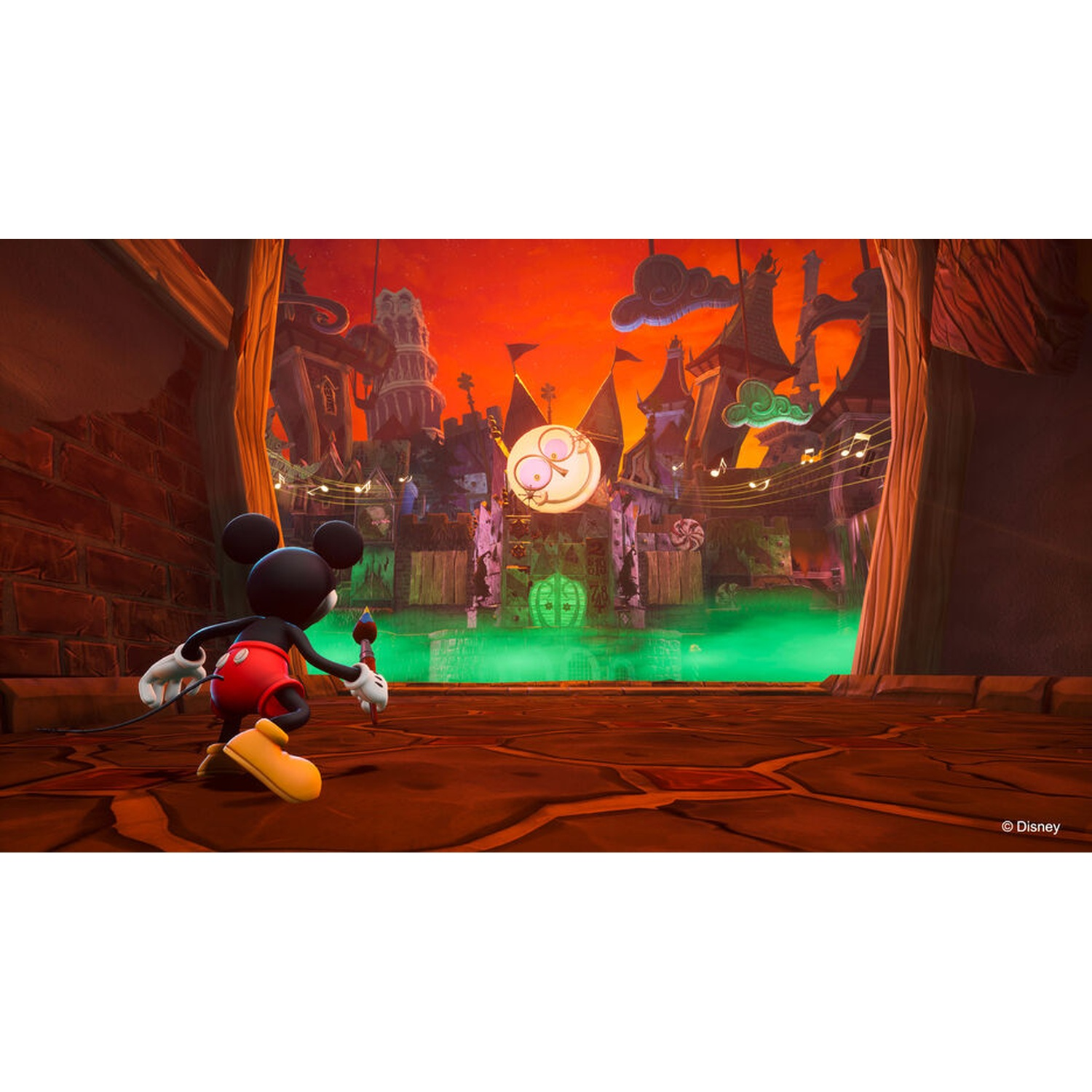 Mickey Mouse staat voor een griezelige kasteelachtergrond met groene mist.