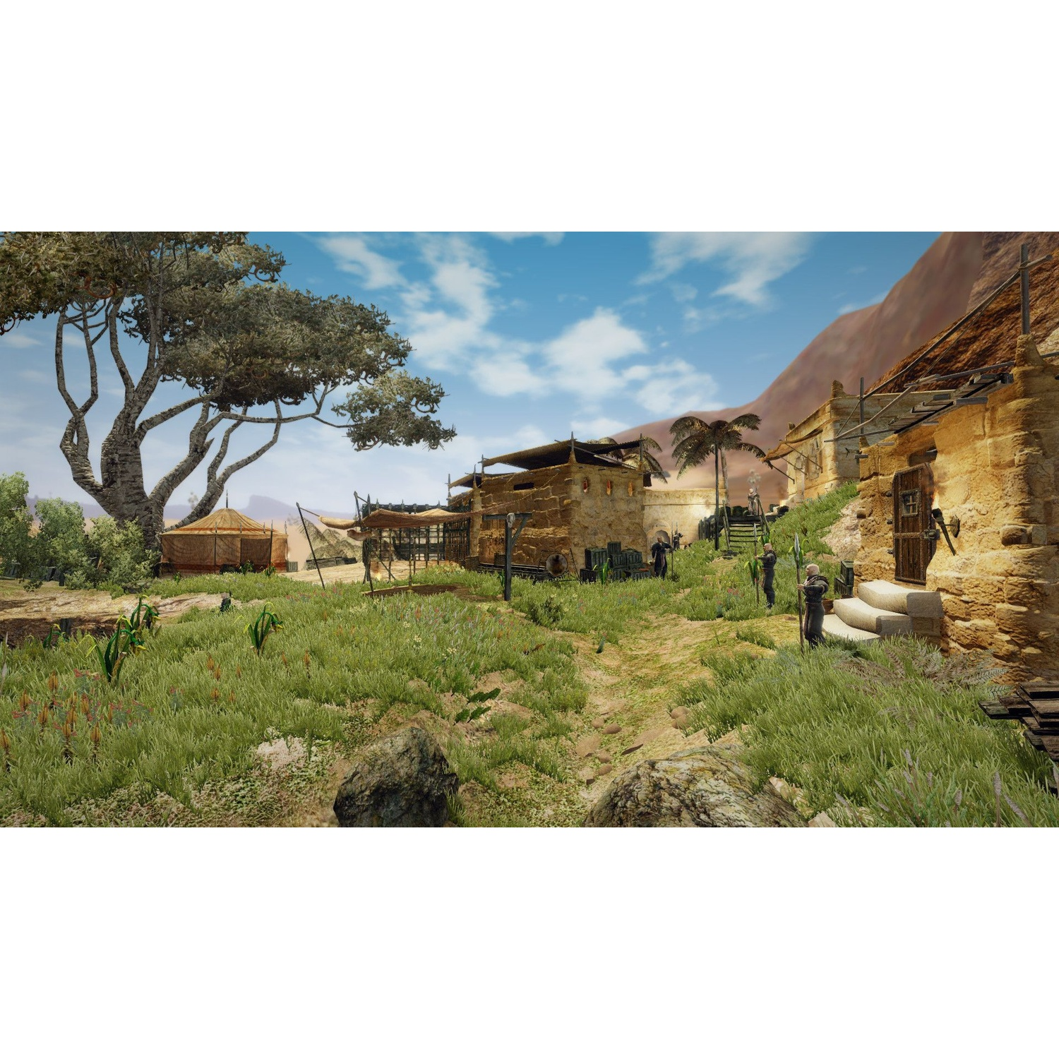 Une ville désertique avec des maisons en briques de boue, des collines vertes et un arbre.