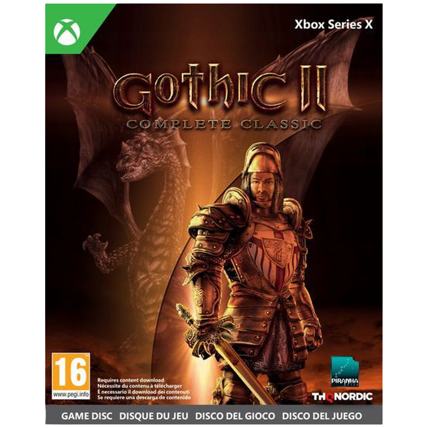 Een ridder in harnas staat voor een draak. Titel: Gothic II.