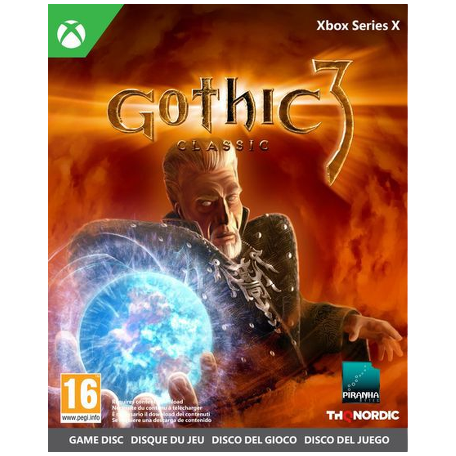 Un homme aux cheveux gris tient une orbe bleue brillante. Couverture du jeu.