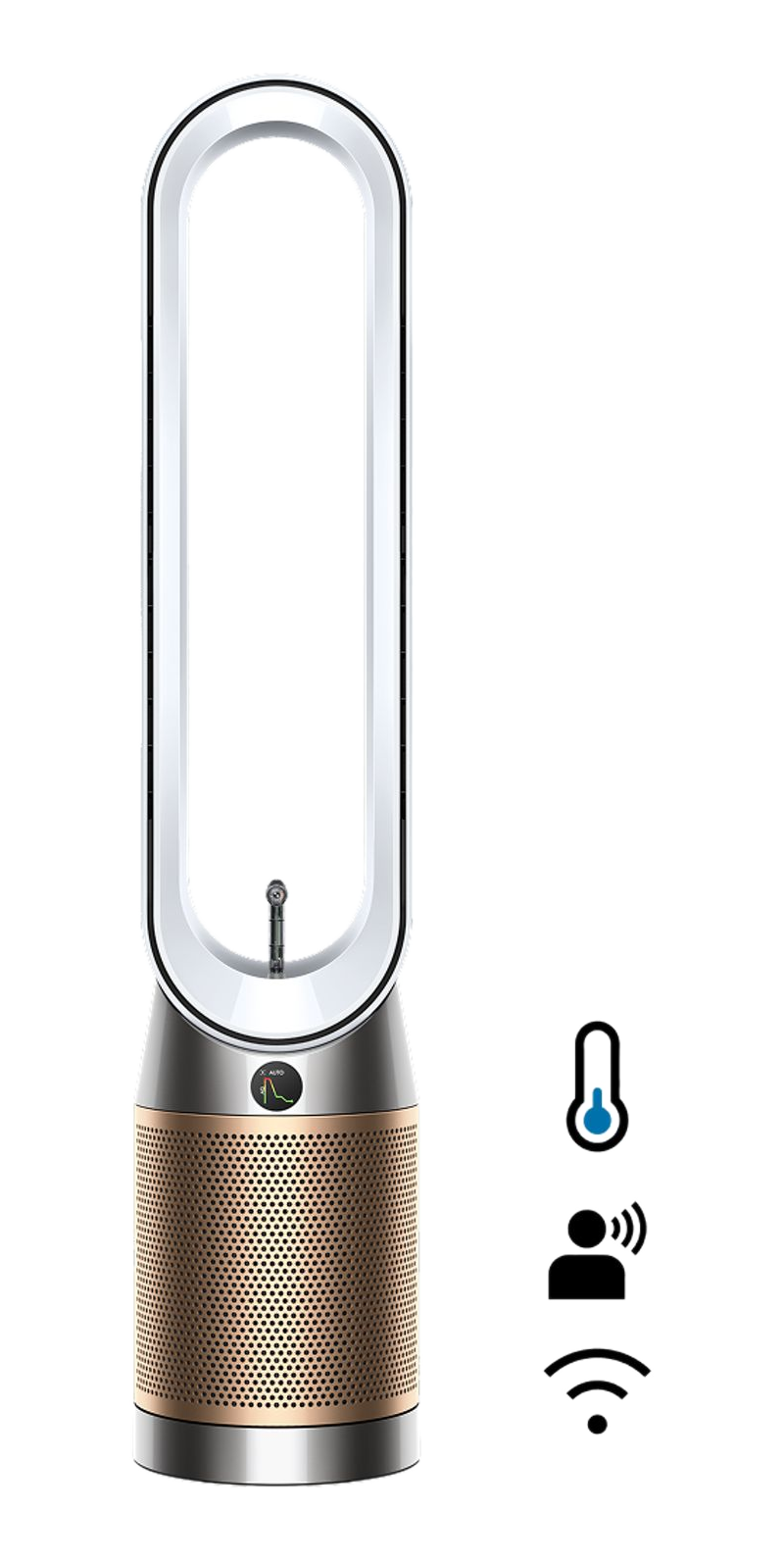Un ventilateur tour argenté avec une base dorée perforée et un anneau ovale.