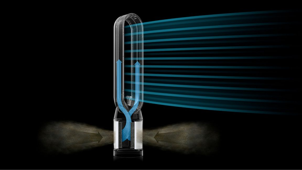 Un ventilateur tour transparent montre des courants d'air bleus montant et sortant vers la droite.