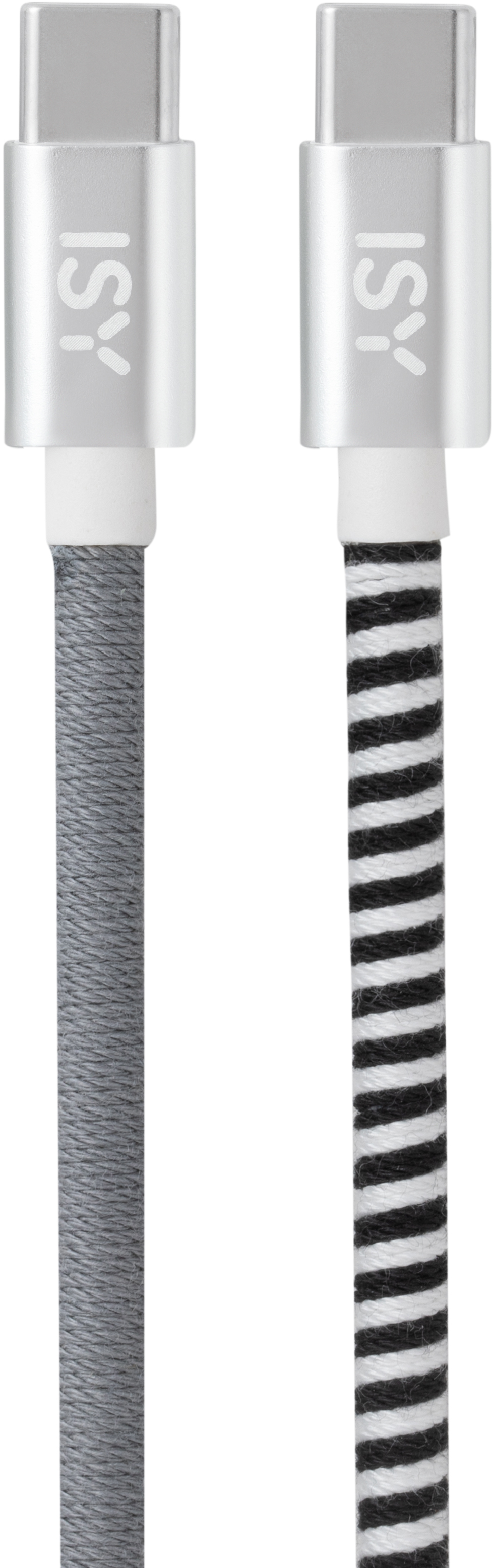 Zwei USB-C-Kabel, eins grau, eins schwarz-weiß gestreift.