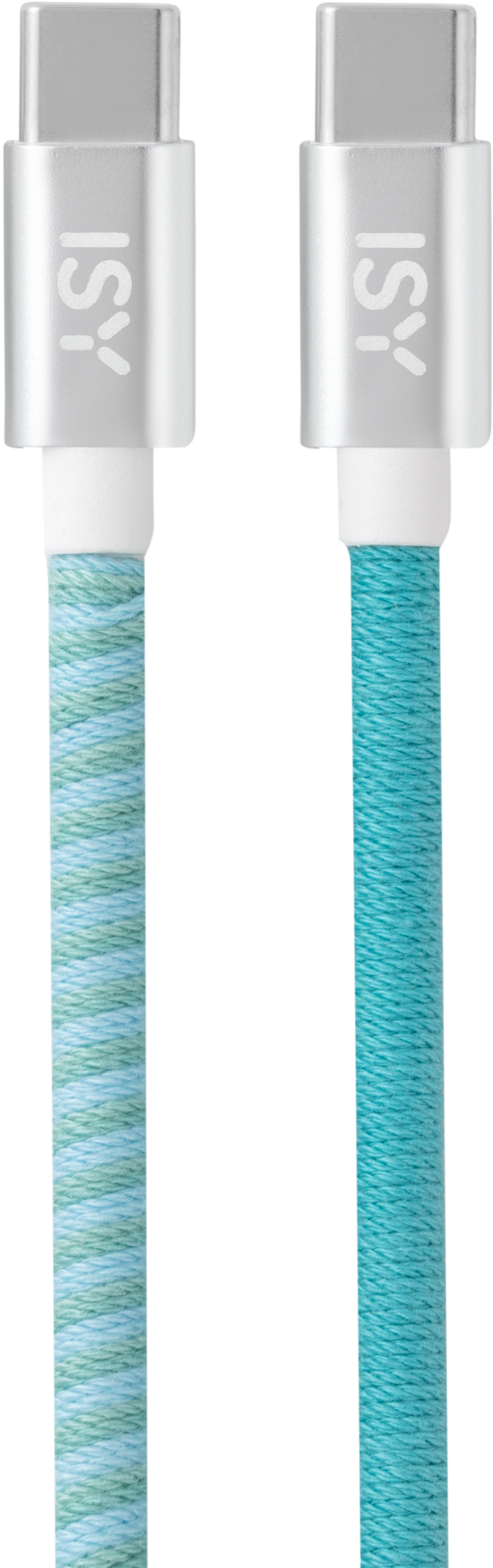 Zwei USB-C-Kabel mit silbernen Anschlüssen und geflochtenen Kabeln in Blau und Grün.