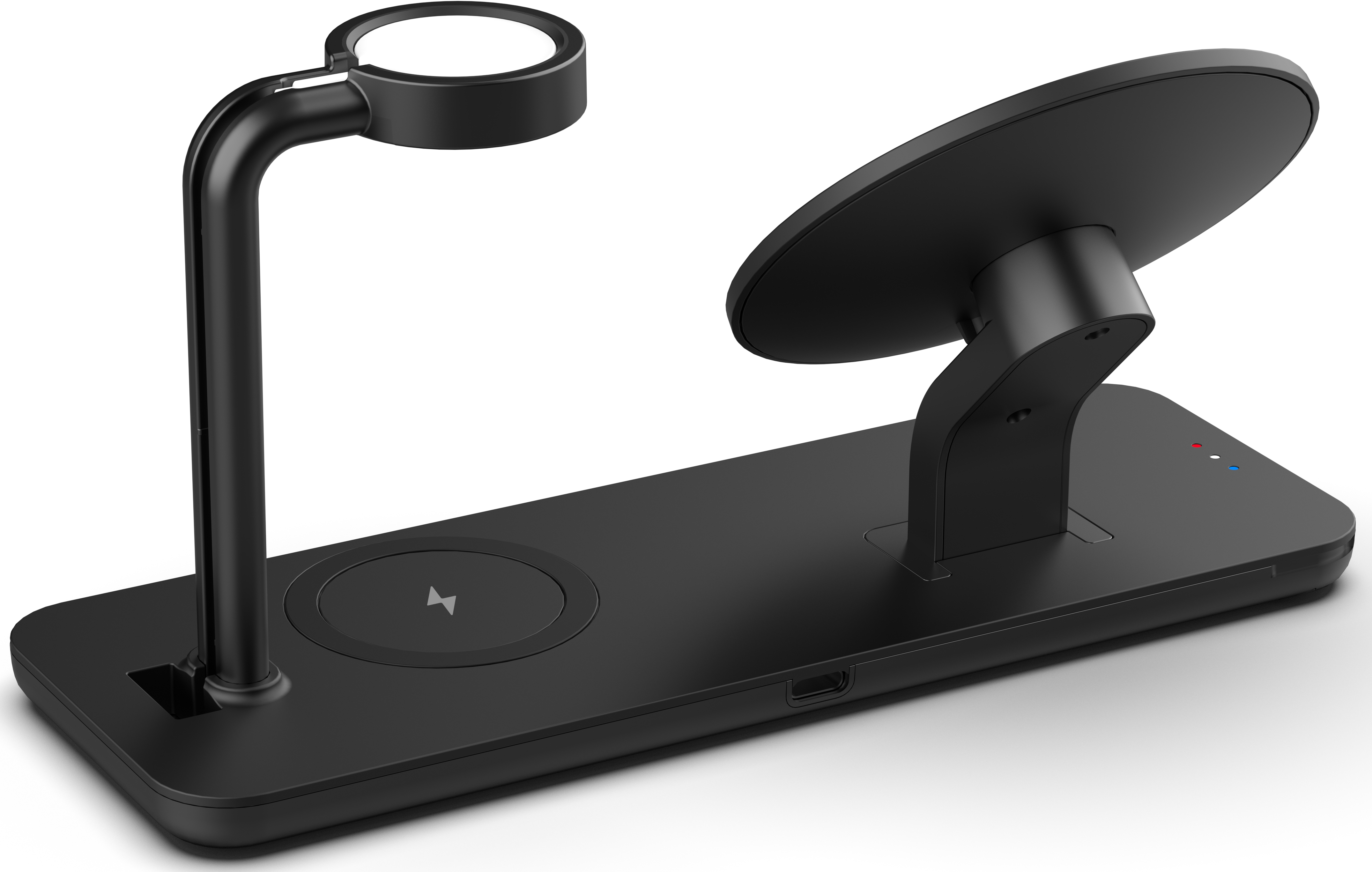 Schwarzes 3-in-1-Ladegerät mit Ständer für Uhr, Telefon und Kopfhörer.