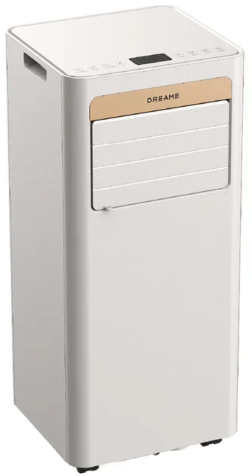 Un condizionatore d'aria portatile bianco con accento dorato e display.