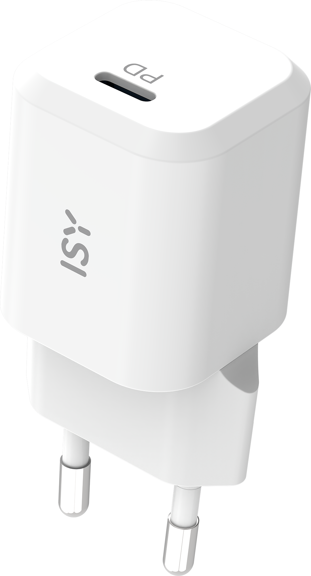 Egy fehér USB-C adapter PD logóval és ISY márkajelzéssel.