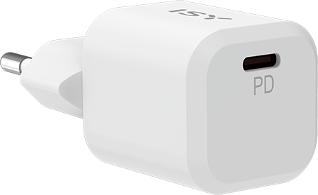Fehér USB-C PD fali töltő európai dugóval.