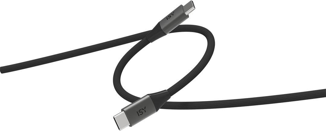 Egy fekete USB-C kábel ISY logóval a csatlakozón.