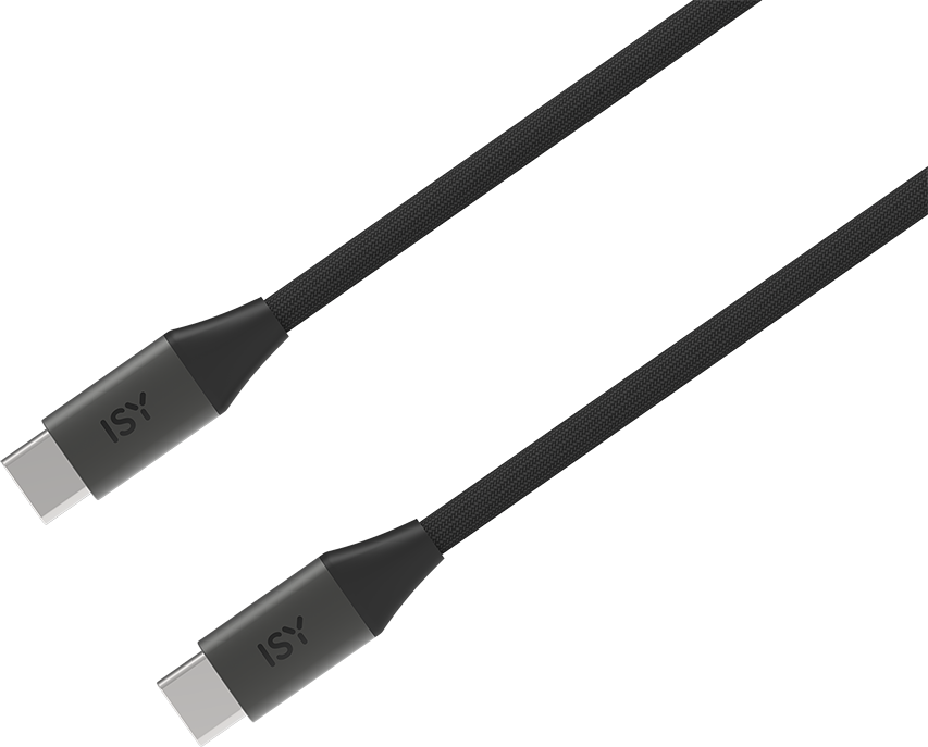 Két fekete USB-C kábel szürke ISY csatlakozókkal szürke háttéren.