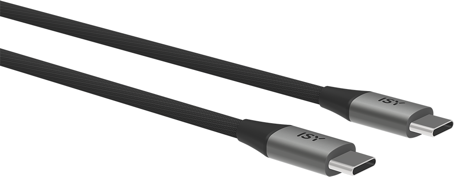 Két fekete ISY USB-C kábel ezüst csatlakozókkal, szürke háttéren.