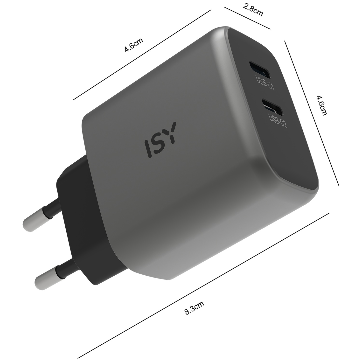 Gray ISY charger with two USB-C ports and dimensions shown.