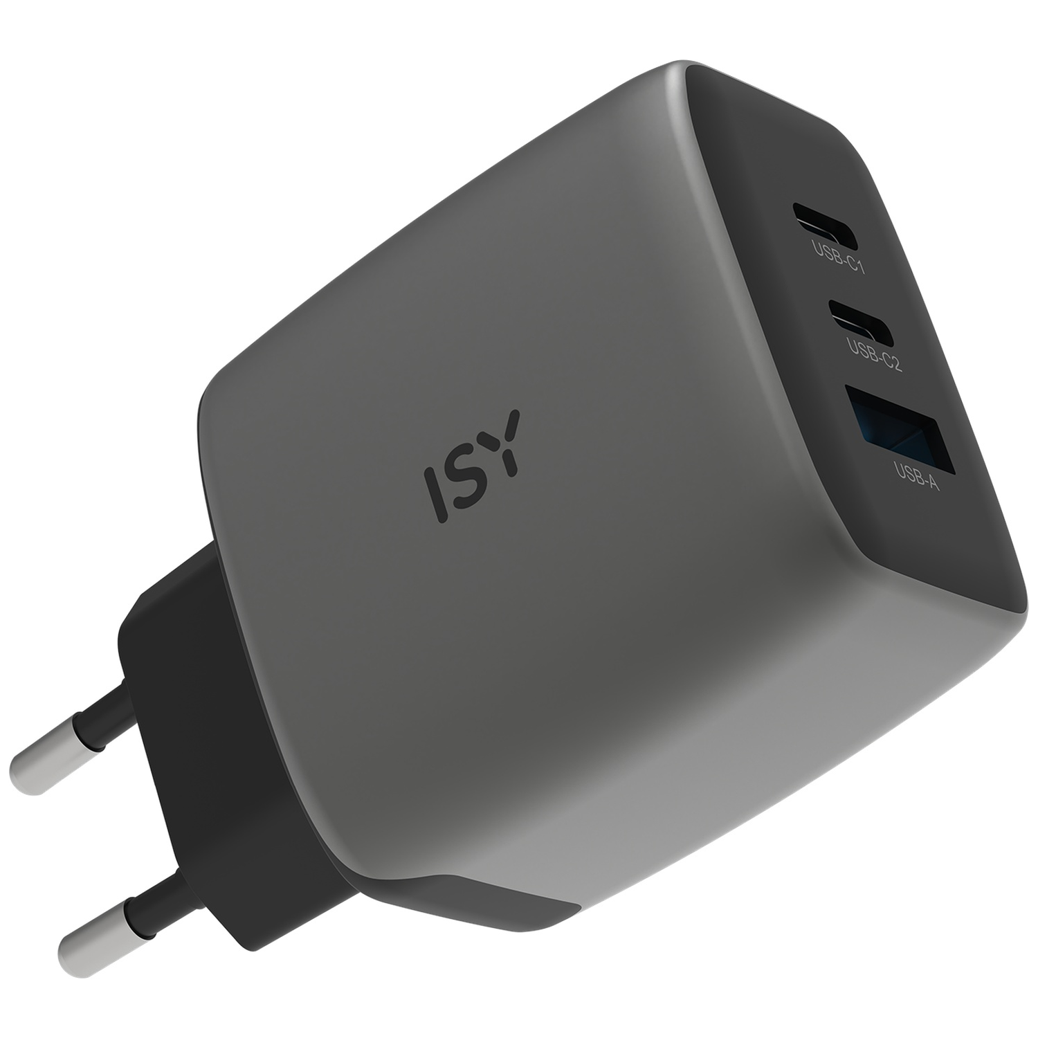 Grijze oplader met drie USB-poorten en twee Europese stekkerpinnen.