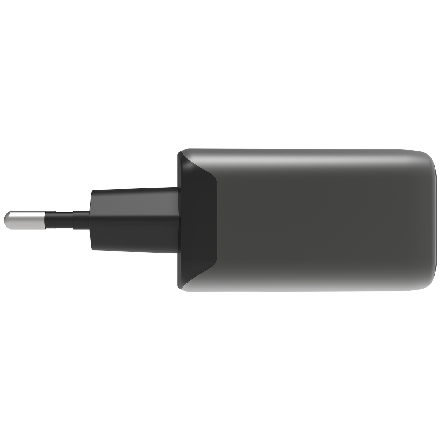 Een donkere rechthoekige stroomadapter met een zilveren pin.