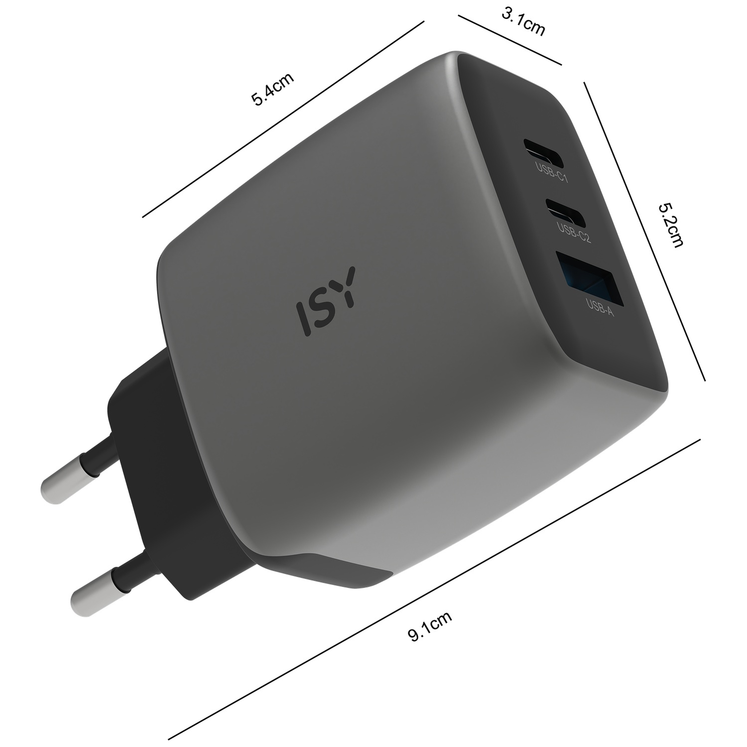 Grijze ISY stroomadapter met 3 USB-poorten en afmetingen.