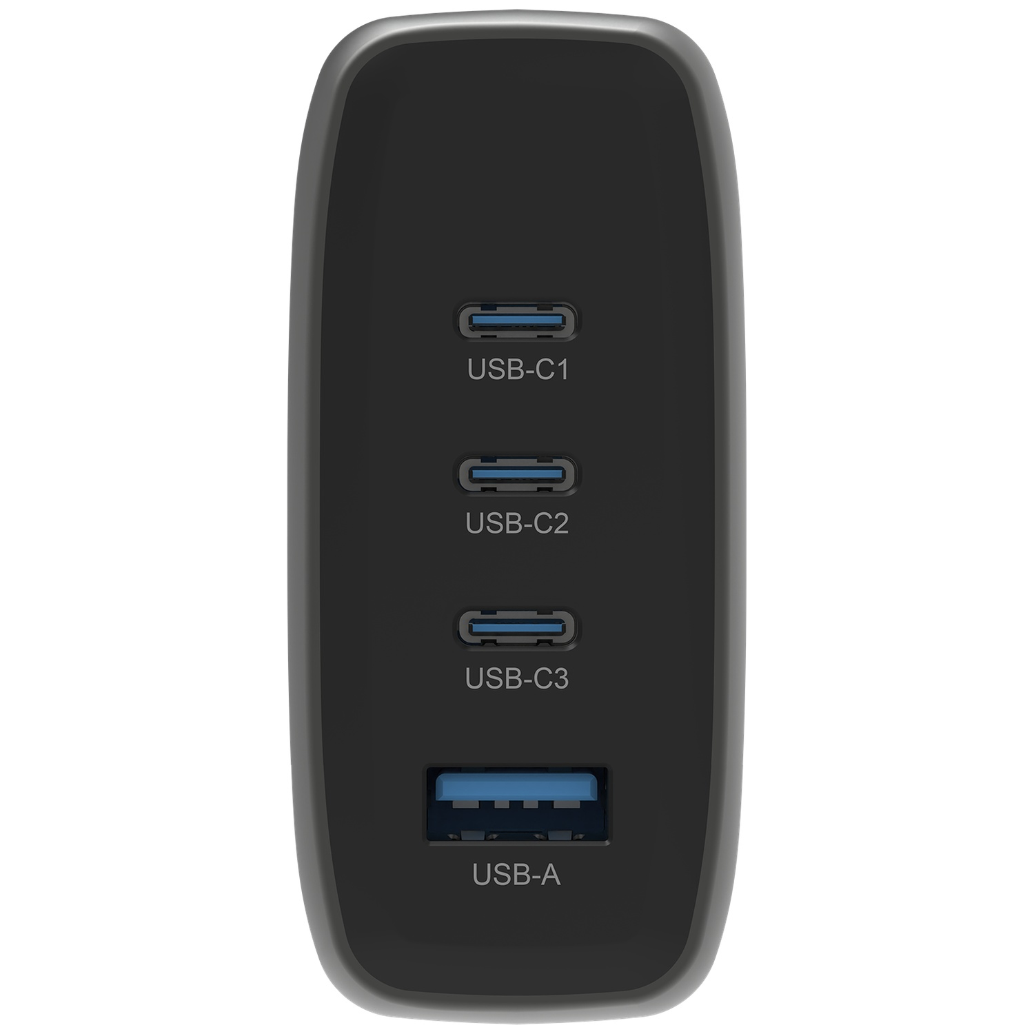 Een zwarte USB-oplader met drie USB-C-poorten en één USB-A-poort.