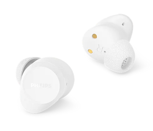 Dwa białe słuchawki Philips na czarnym tle.