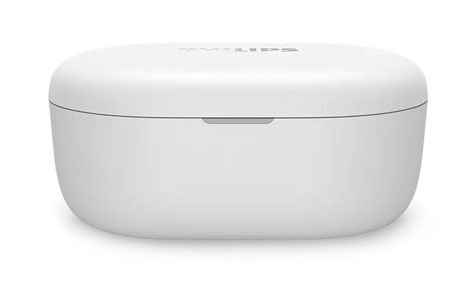Białe etui ładujące Philips do słuchawek, prosty design.