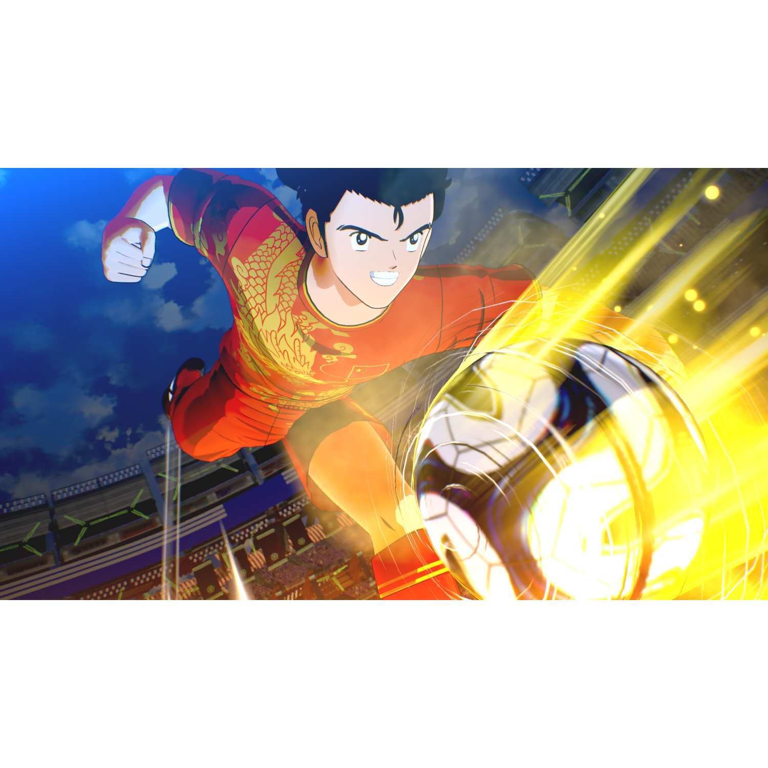 Anime voetballer in rood met drakenmotief schiet bal in stadion.