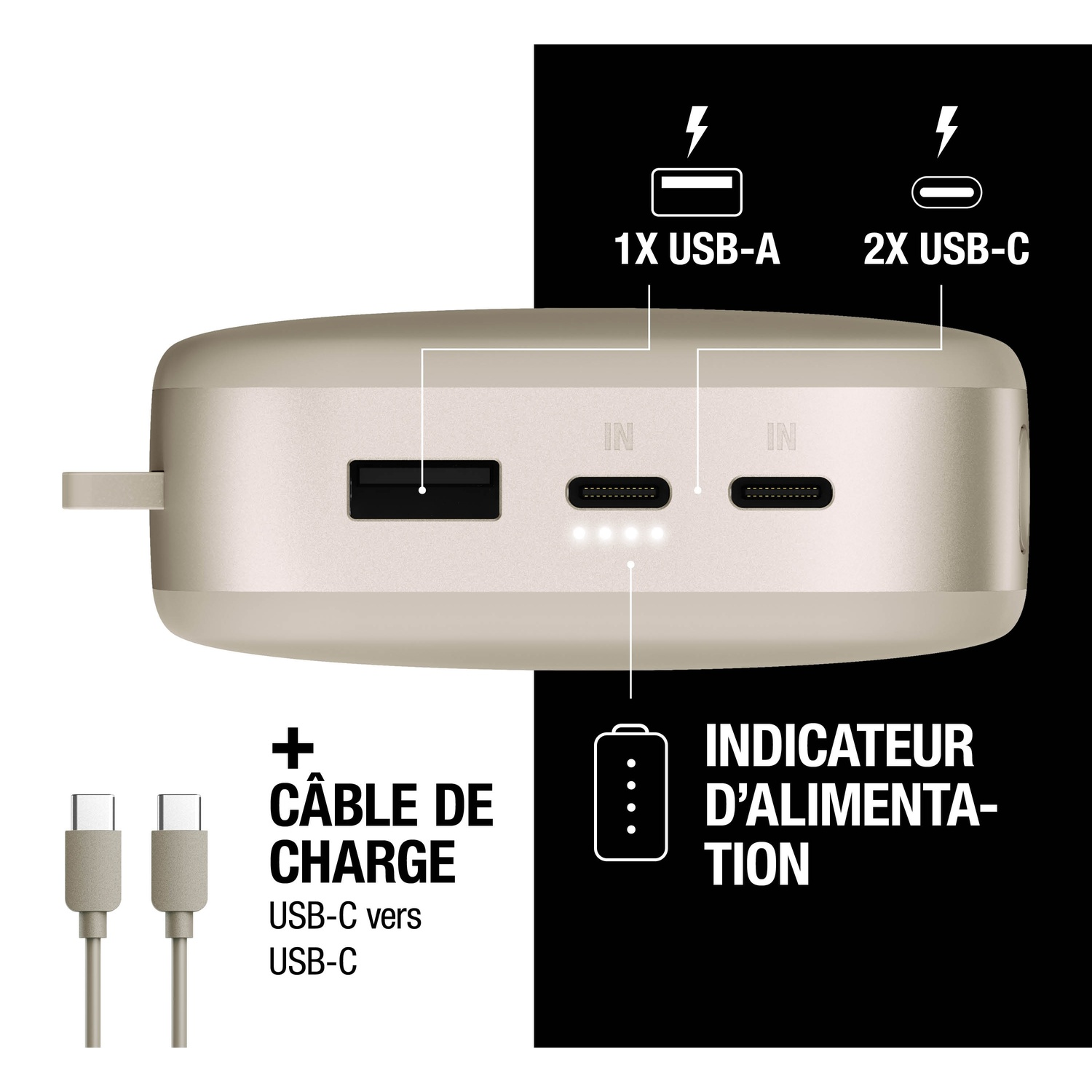 Une batterie externe dorée avec un port USB-A et deux ports USB-C. Inclut deux câbles USB-C.