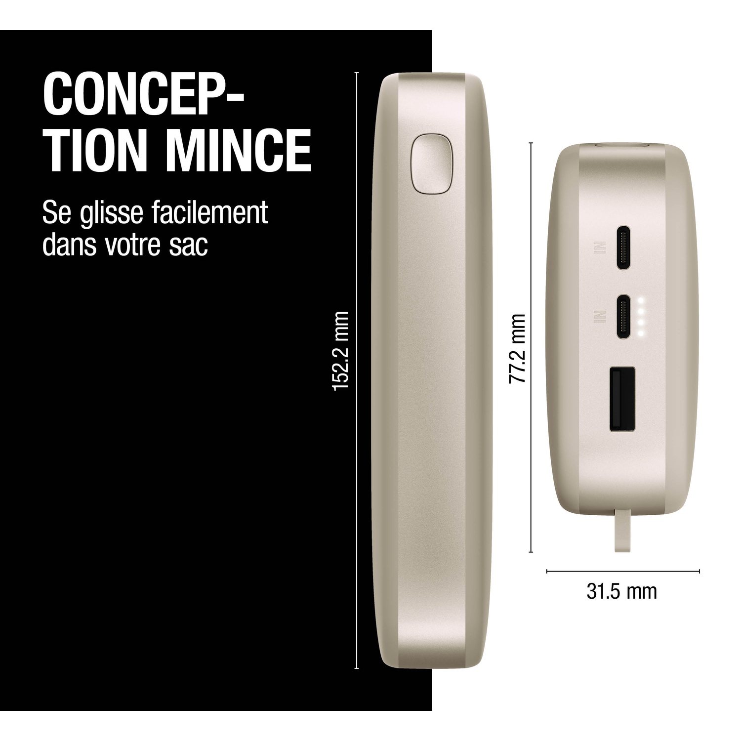 Design mince : Un appareil électronique mince et beige avec des ports.