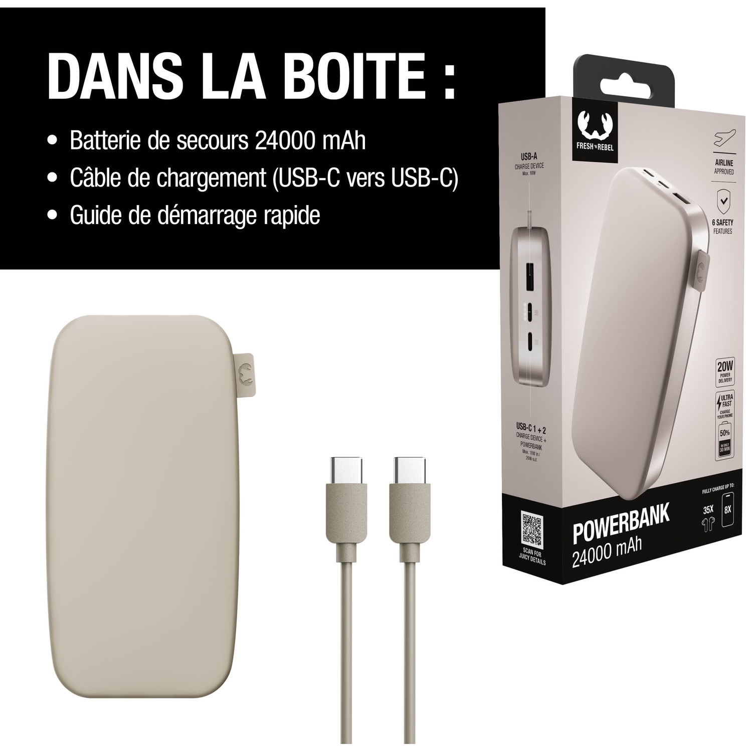 Batterie externe beige 24000 mAh avec câble USB-C et boîte.