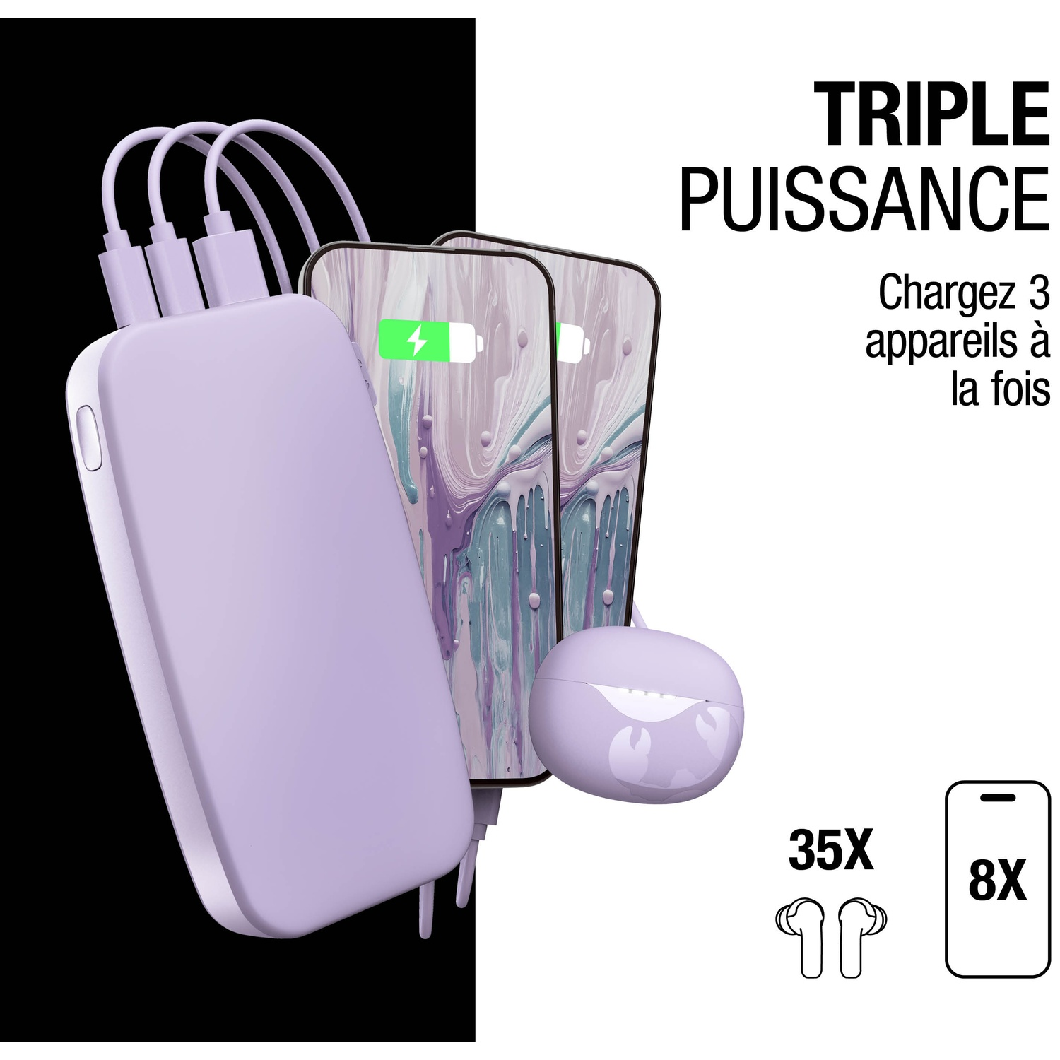 Une batterie externe violette charge deux téléphones. Un étui d'écouteurs est à côté.