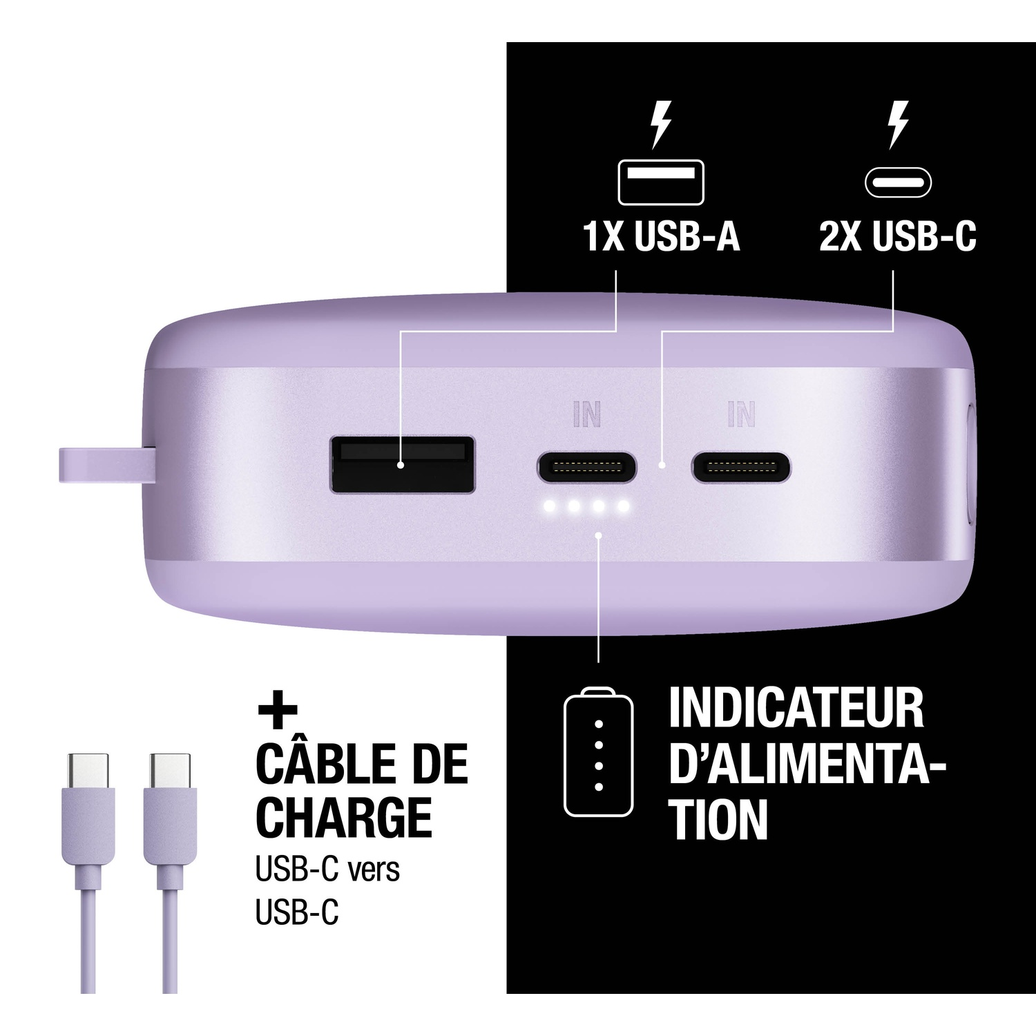Batterie externe violette avec port USB-A, 2 ports USB-C, câble et indicateur.