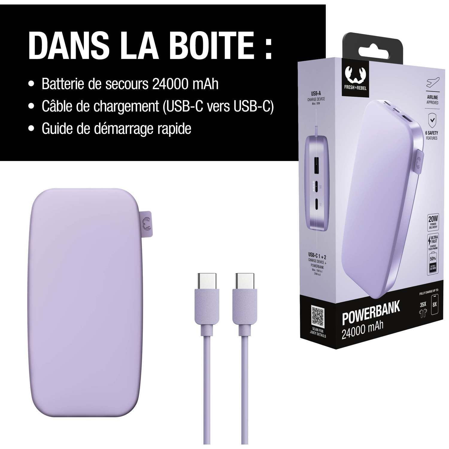 Batterie externe lavande avec câble USB-C et emballage.