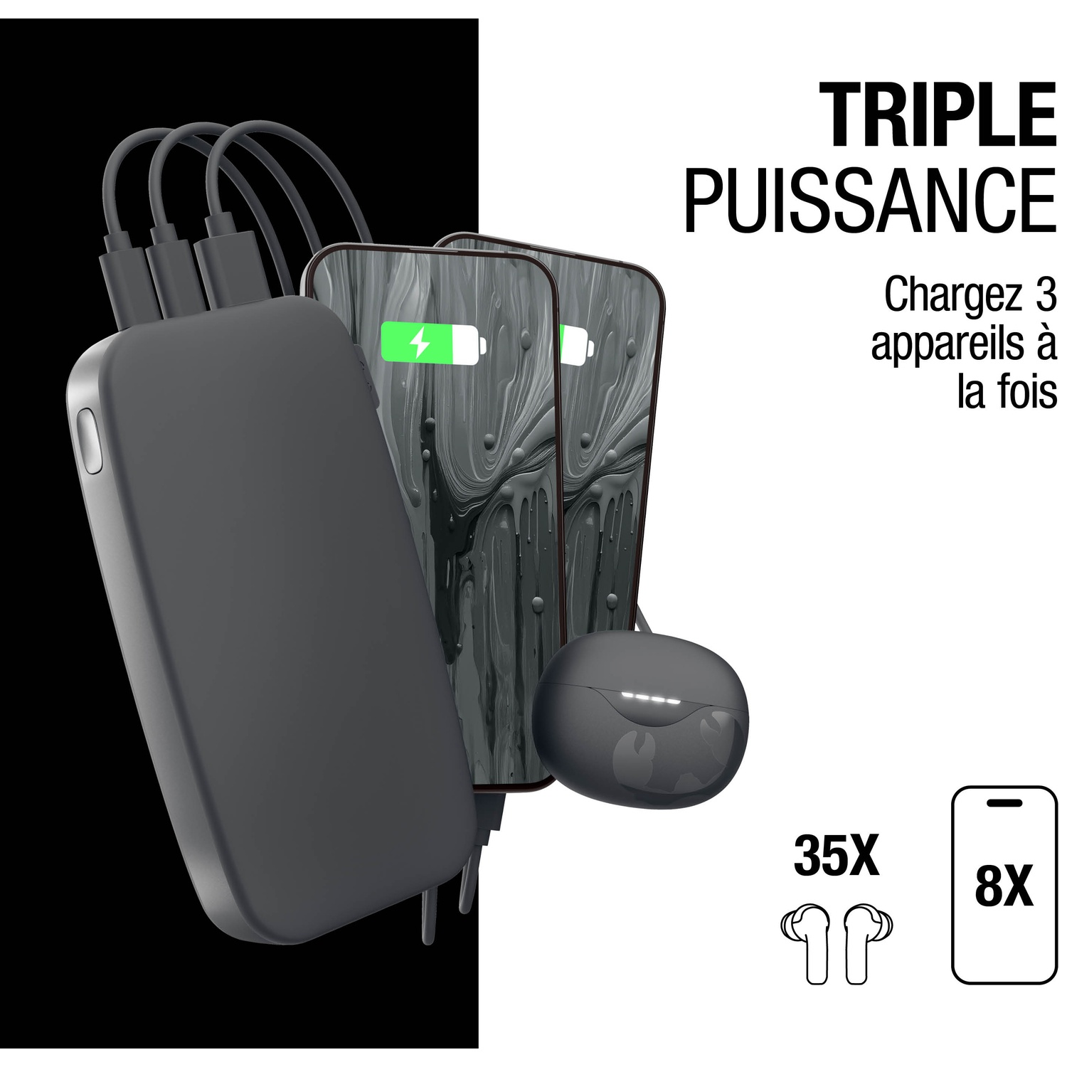 Batterie externe grise charge deux téléphones et écouteurs. Texte : TRIPLE PUISSANCE.