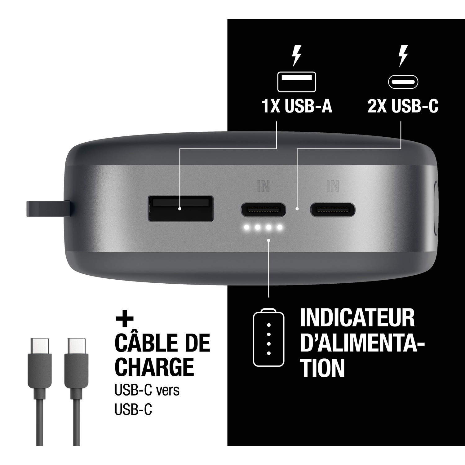 Batterie externe grise avec 1x USB-A, 2x USB-C, indicateur de charge et câbles.