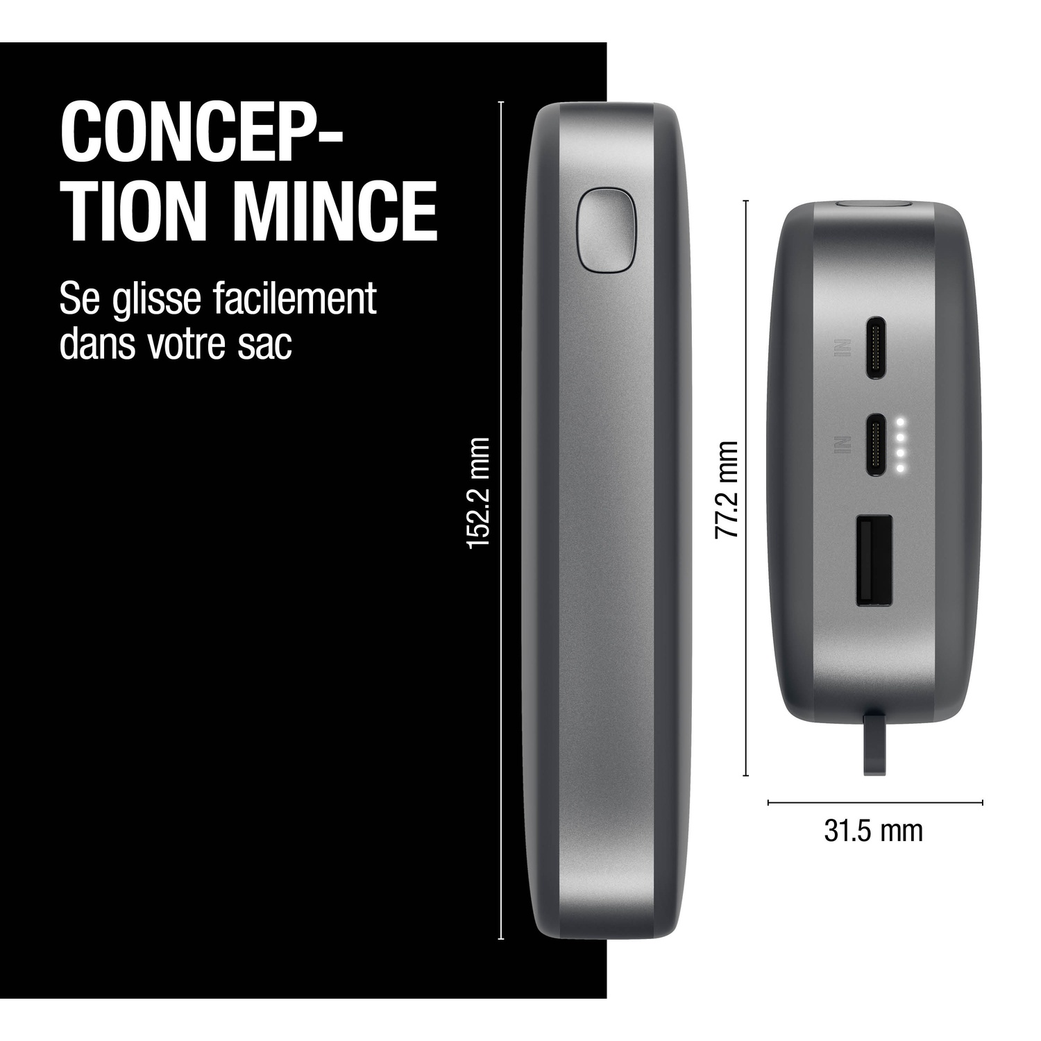 Ensemble de banque d'alimentation grise avec dimensions. Gauche vue longue, droite vue de bout.