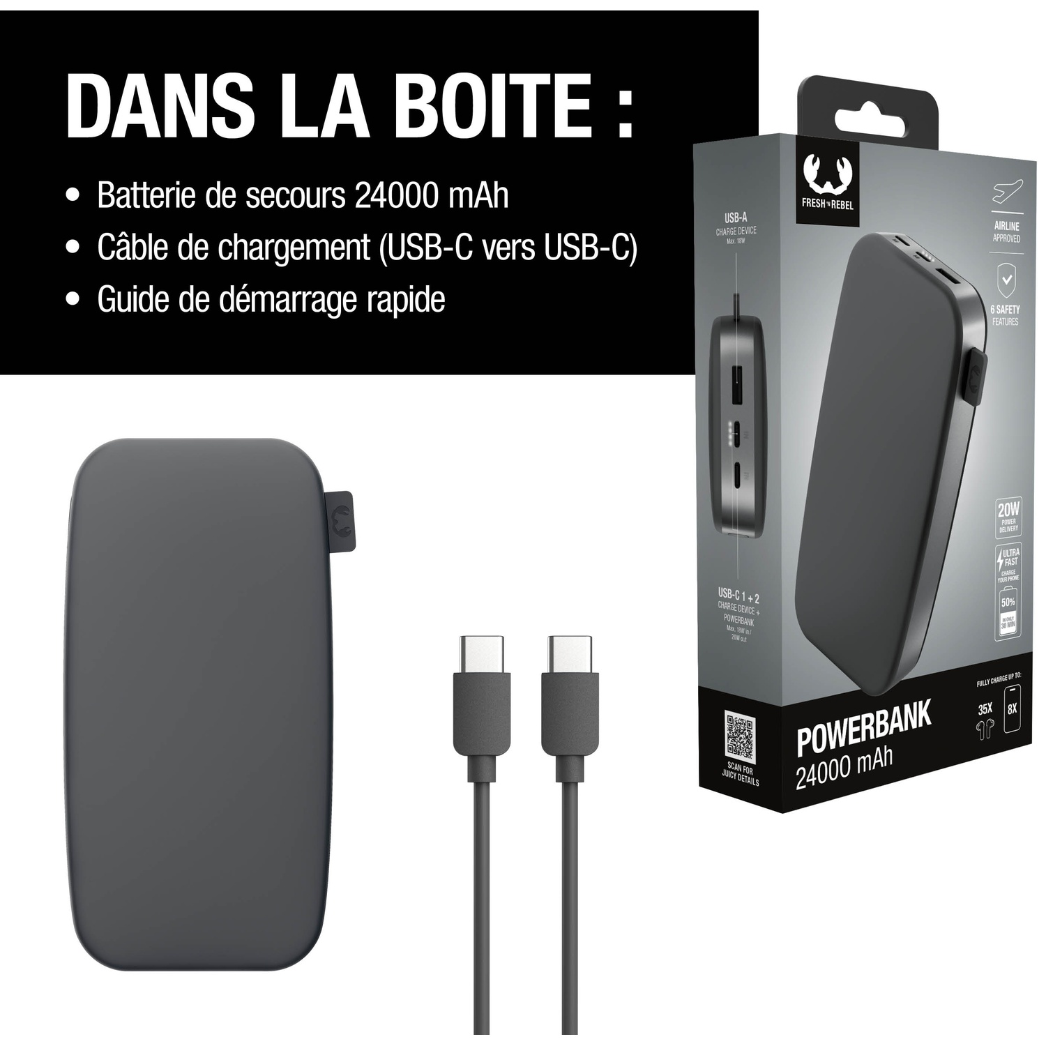 Ensemble de batterie externe noire avec câble de chargement et emballage. Inclut 24000 mAh.
